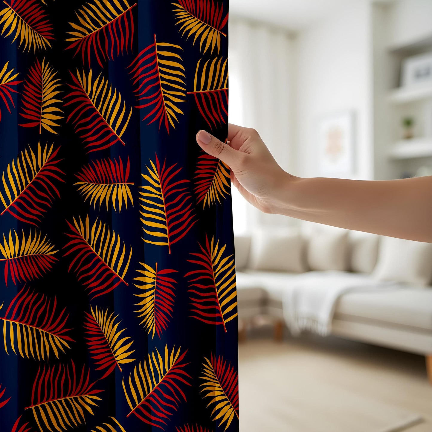 Onay Bold Tropical Leaf Curtains, Red & Gold Palm Print Drapes, Vibrant Jungle Home Decor