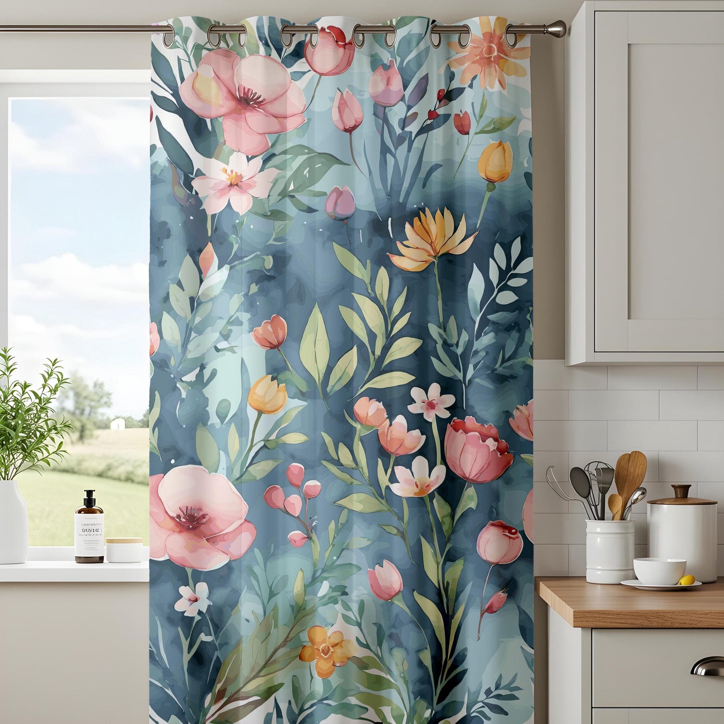 Onay Botanical Bloom Curtains for Living Room, Watercolor Floral Window Drapes