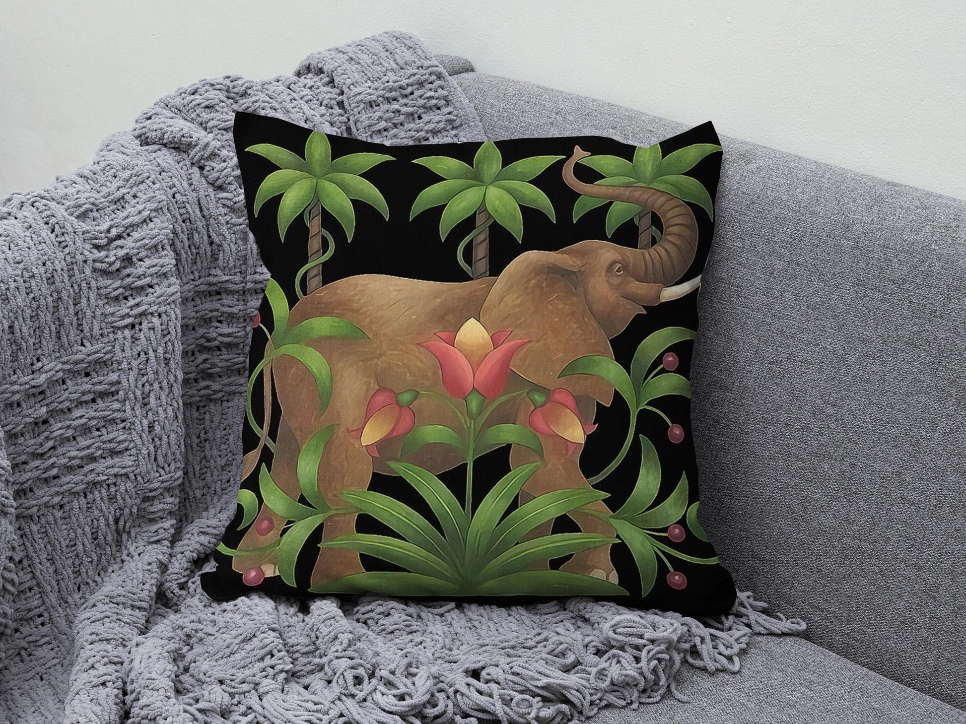 Onay 6 / 12 x 12 inch (30 x 30 cm) Double Side Botanical Cushion Cover Lion Parrot and Elephant Pillow Cover