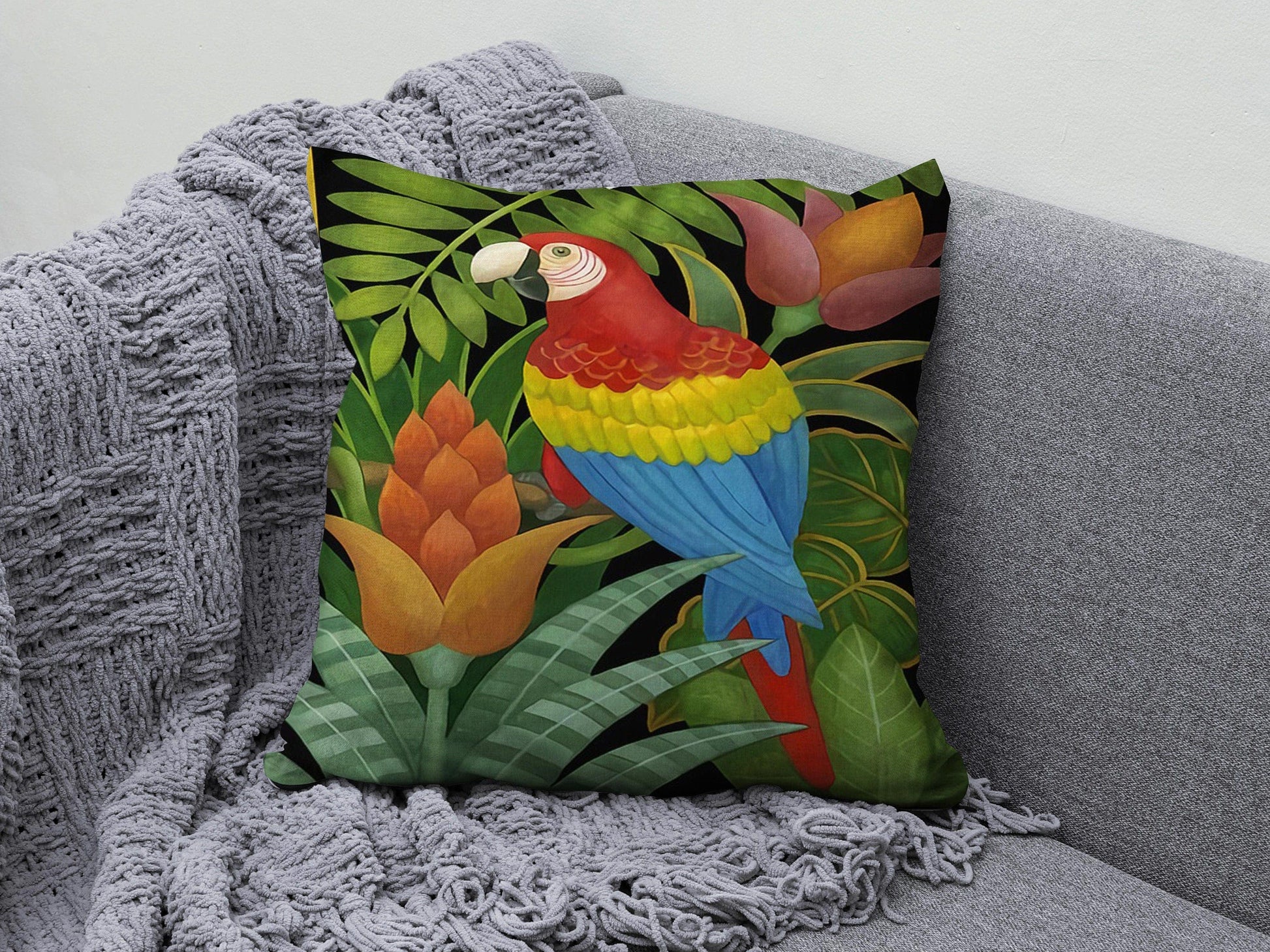 Onay 2 / 12 x 12 inch (30 x 30 cm) Double Side Botanical Cushion Cover Lion Parrot and Elephant Pillow Cover