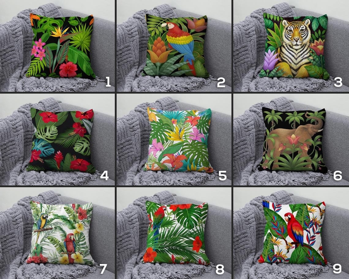Onay Botanical Cushion Cover Lion Parrot and Elephant Pillow Cover