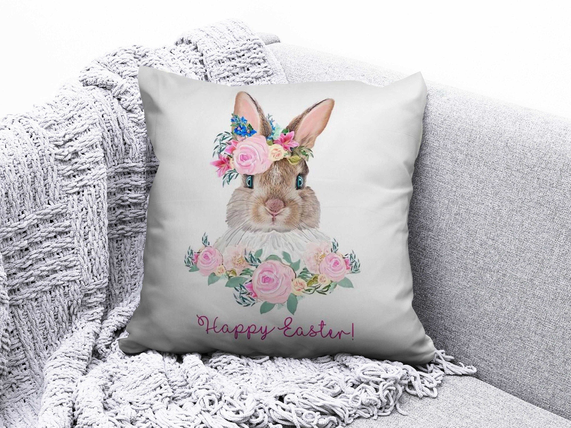 Onay 2 / 12 x 12 inch (30 x 30 cm) Double Side Bunny Inside Wreath Cushion Covers Happy Easter Cushion Case