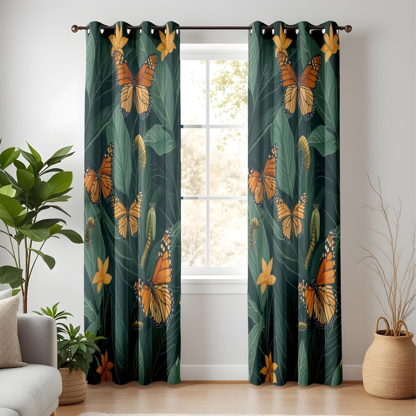 Onay Butterfly Garden Living Room Curtains, Tropical Floral Window Drapes