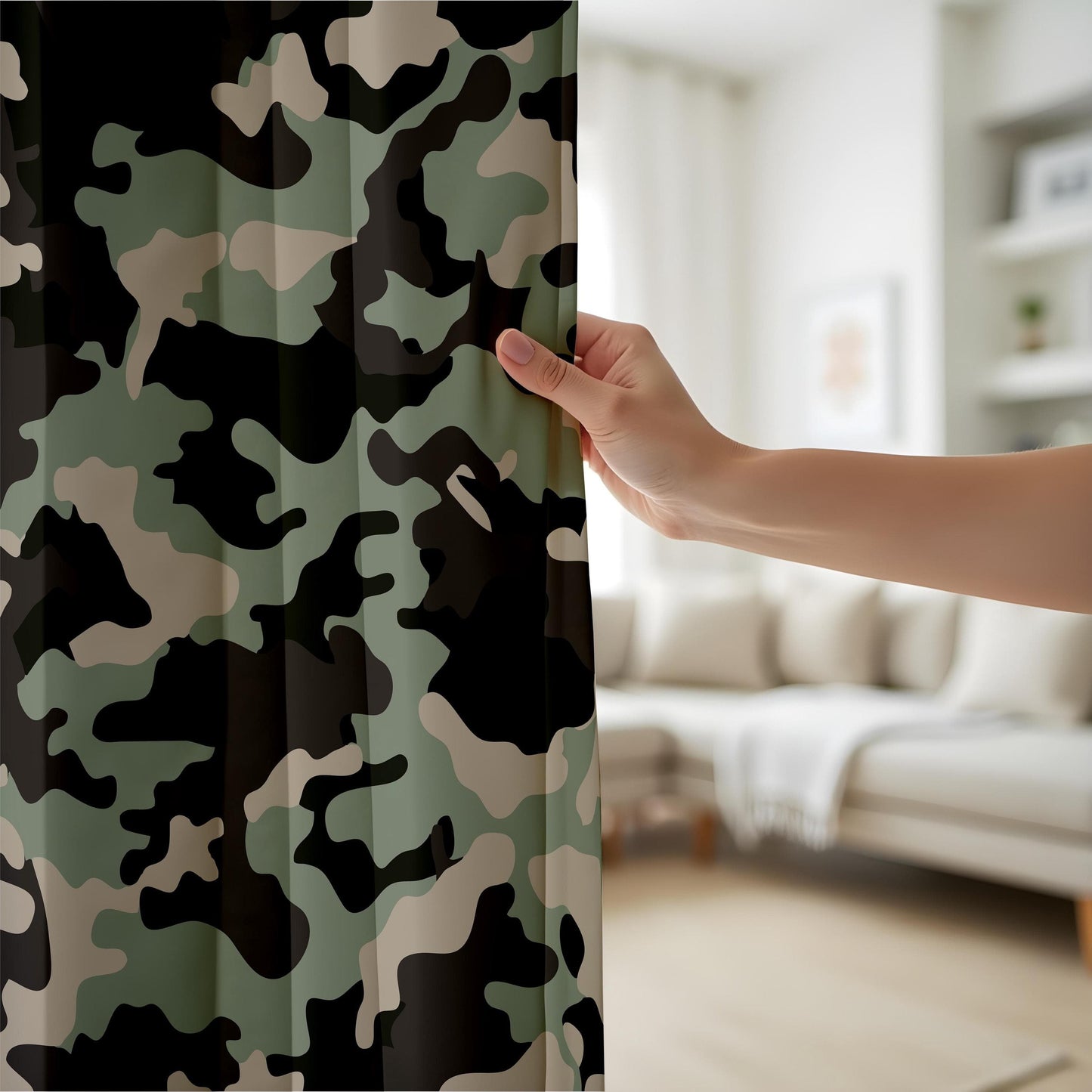 Onay Camouflage Forest Curtains – Hunter and Soldier-Inspired Drapes in Green and Beige Camo Pattern
