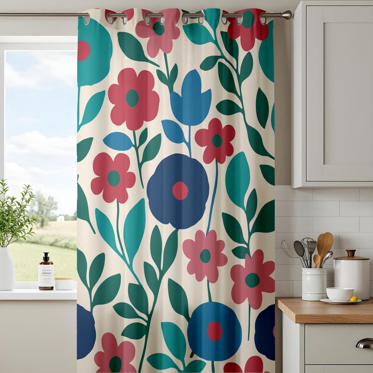 Onay Charming Floral Curtains, Vibrant Red and Blue Flower Patterns