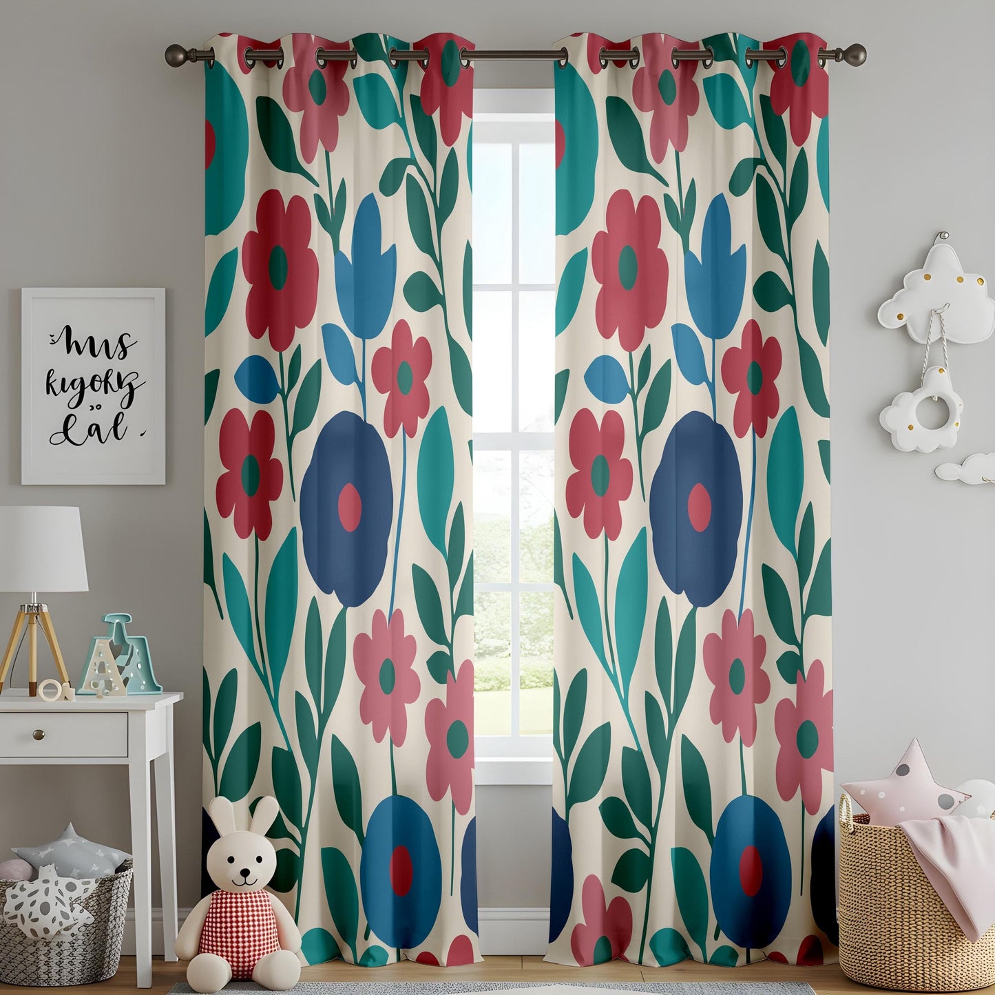Onay Charming Floral Curtains, Vibrant Red and Blue Flower Patterns