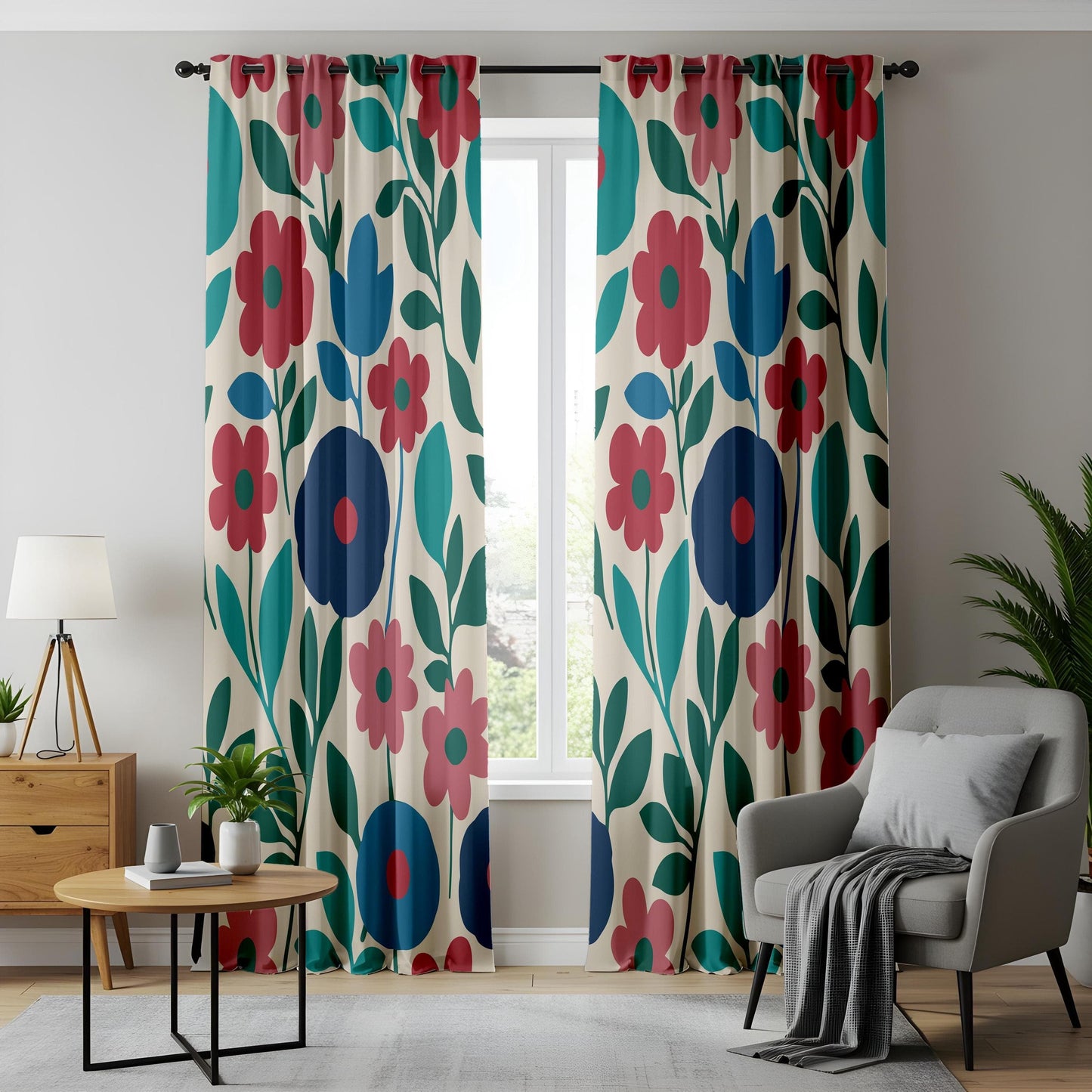 Onay Charming Floral Curtains, Vibrant Red and Blue Flower Patterns