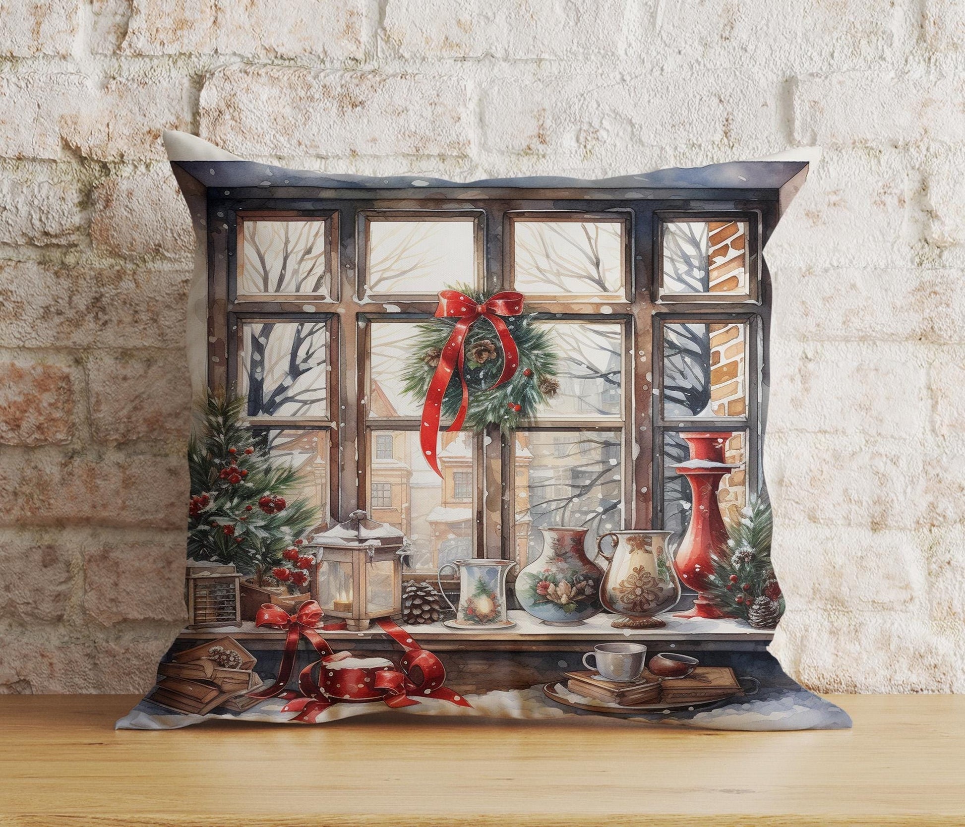 Onay 9 / 12 x 12 inch (30 x 30 cm) Double Side Charming Window Xmas Festive Winter View Cushion Covers