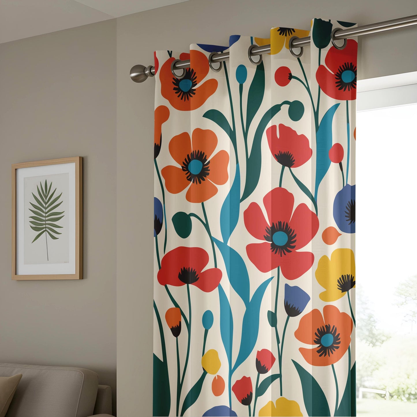 Onay Chic Floral Print Curtain Panels, Delicate Peach and Teal Blossoms Drapes