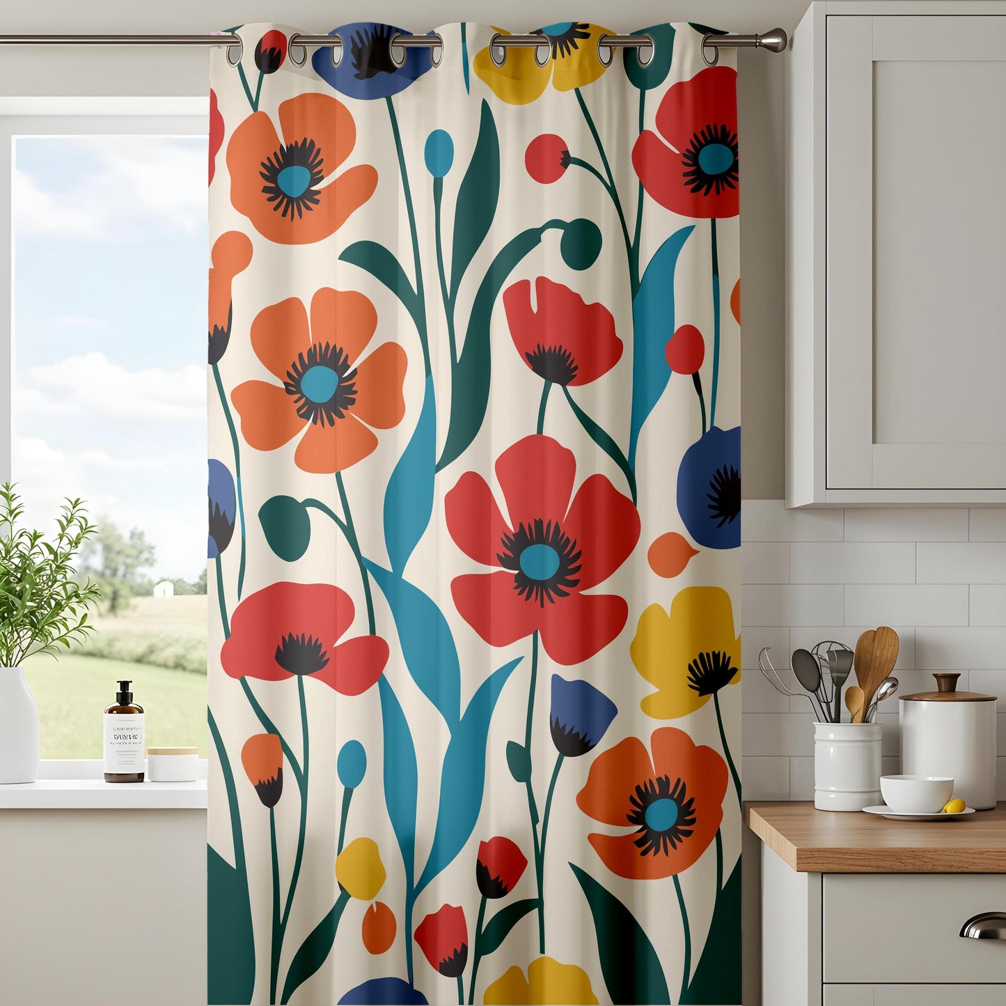 Onay Chic Floral Print Curtain Panels, Delicate Peach and Teal Blossoms Drapes