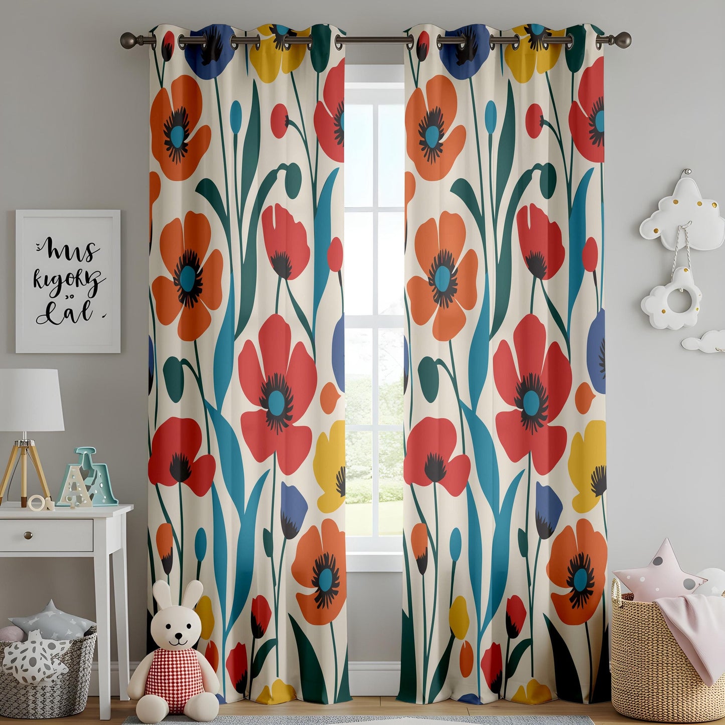 Onay Chic Floral Print Curtain Panels, Delicate Peach and Teal Blossoms Drapes