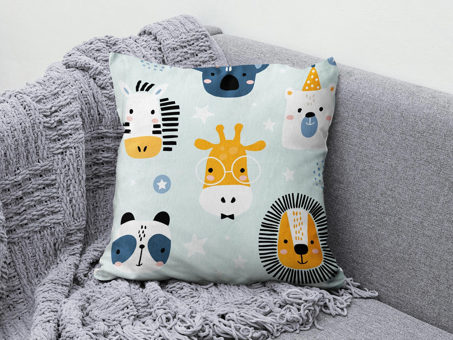 Onay 4 / 12 x 12 inch (30 x 30 cm) Double Side Children/ Kids Nursery Lion Monkey and Cat Cushion Cover