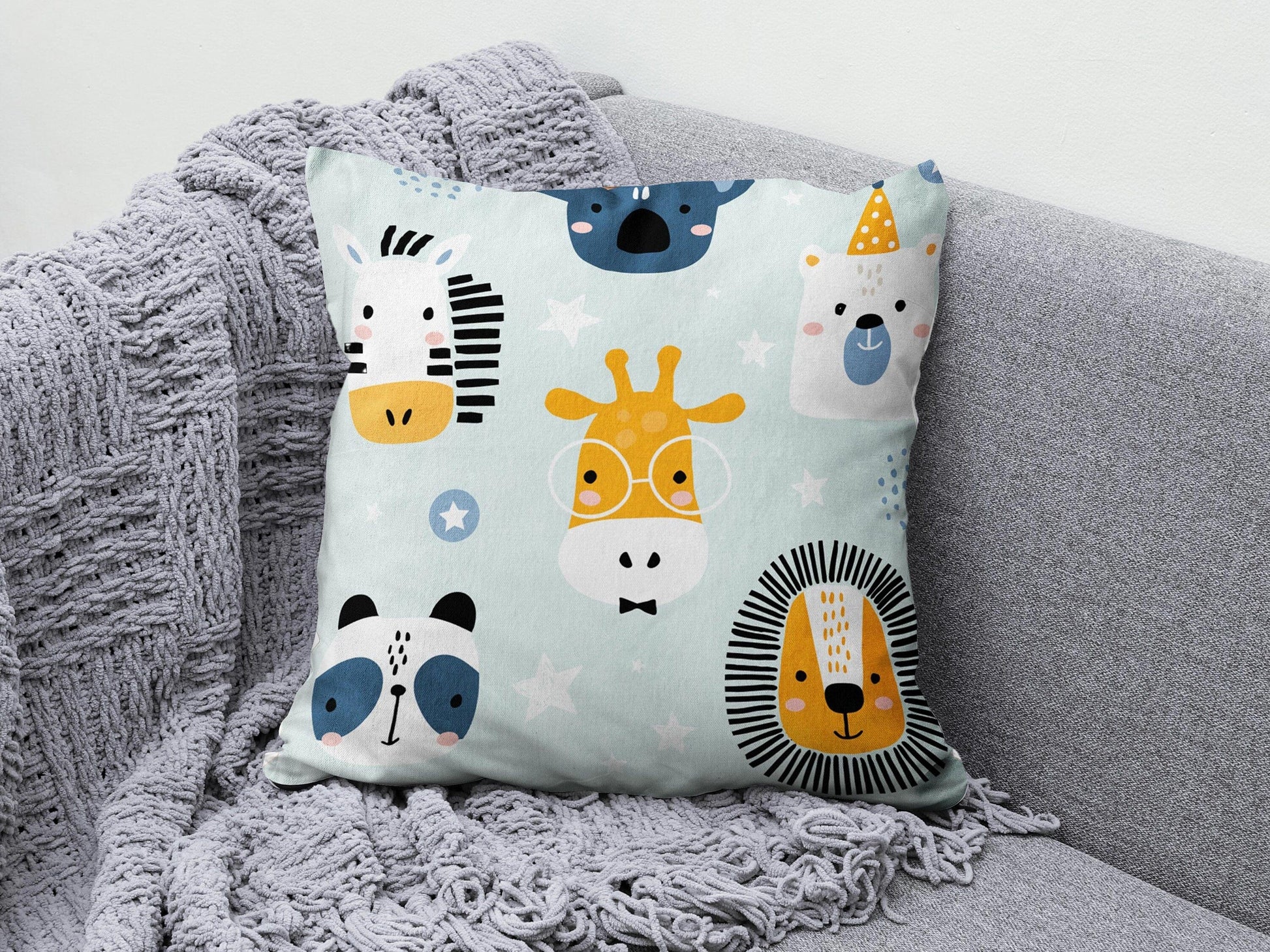 Onay 4 / 12 x 12 inch (30 x 30 cm) Double Side Children/ Kids Nursery Lion Monkey and Cat Cushion Cover