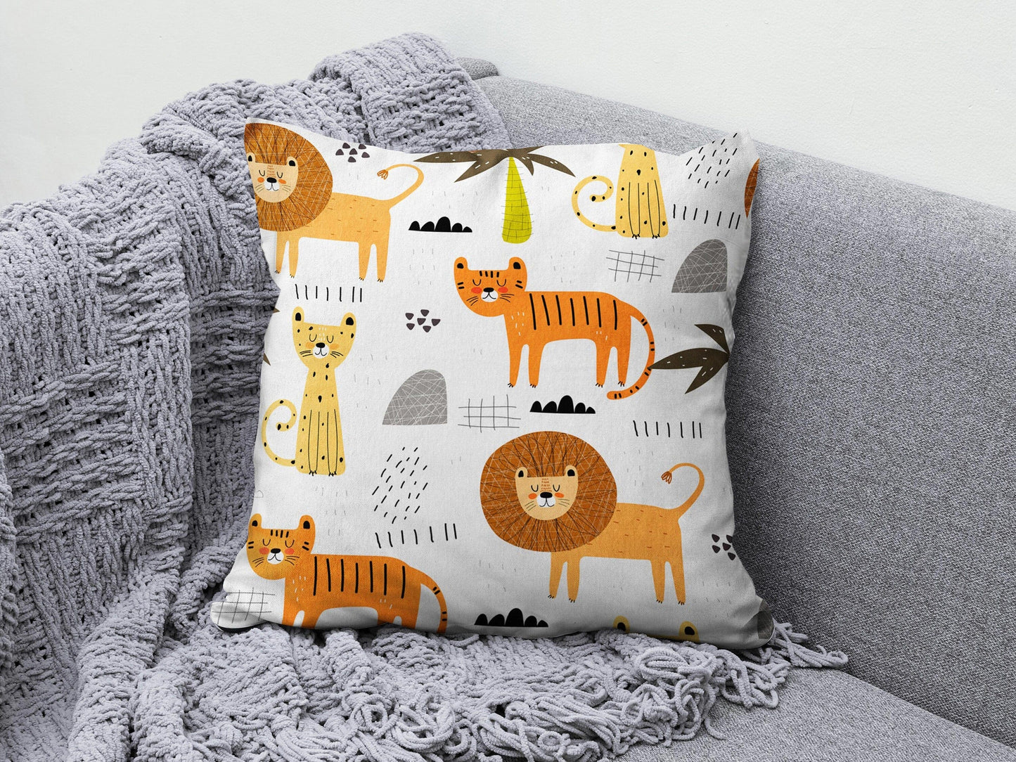 Onay 2 / 12 x 12 inch (30 x 30 cm) Double Side Children/ Kids Nursery Lion Monkey and Cat Cushion Cover