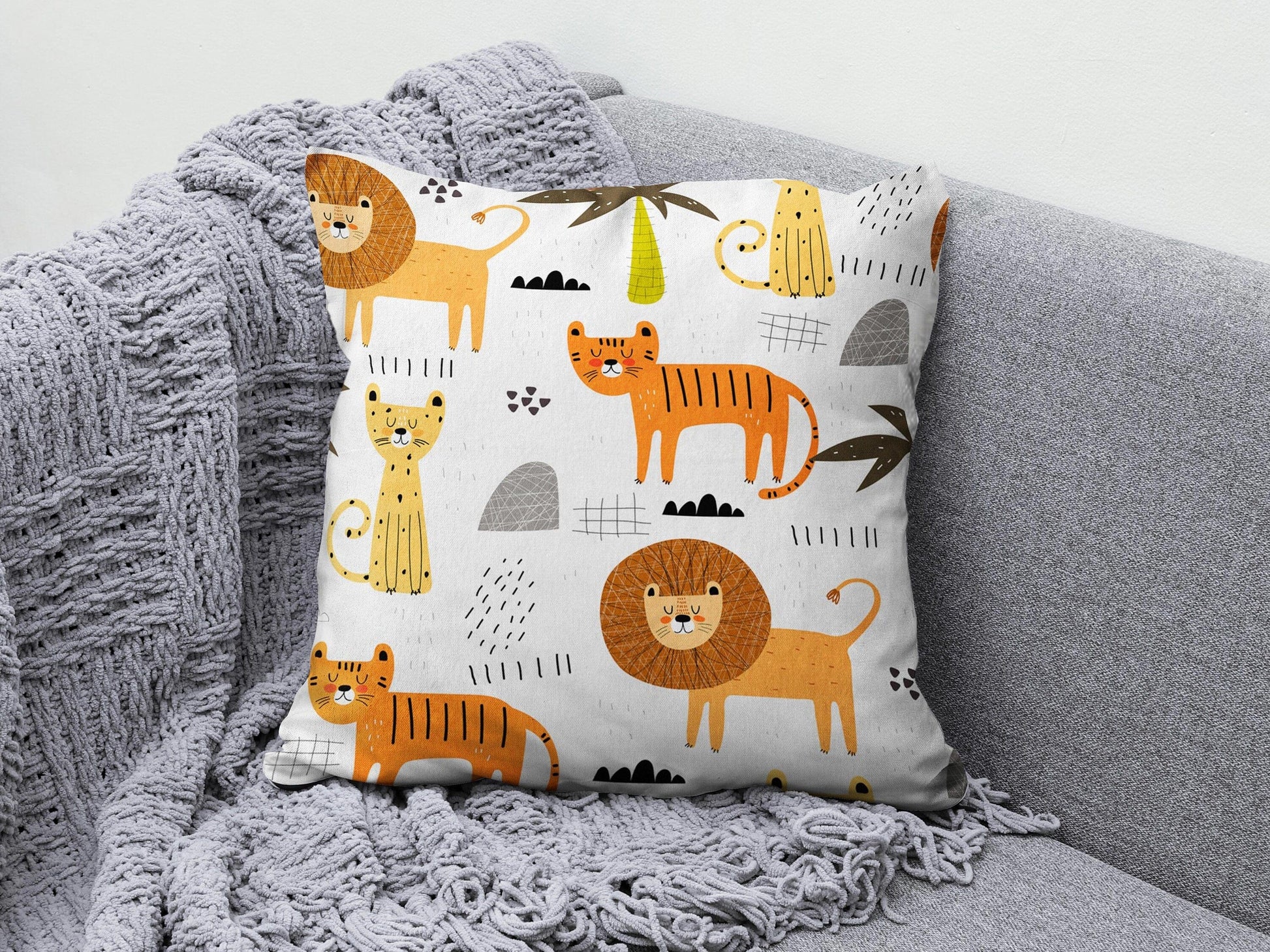 Onay 2 / 12 x 12 inch (30 x 30 cm) Double Side Children/ Kids Nursery Lion Monkey and Cat Cushion Cover