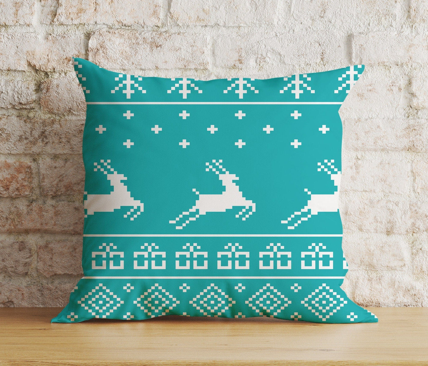 Onay 4 / 12 x 12 inch (30 x 30 cm) Double Side Christmas Blue Red Mustard Yellow Reindeer Print Cushion Cover