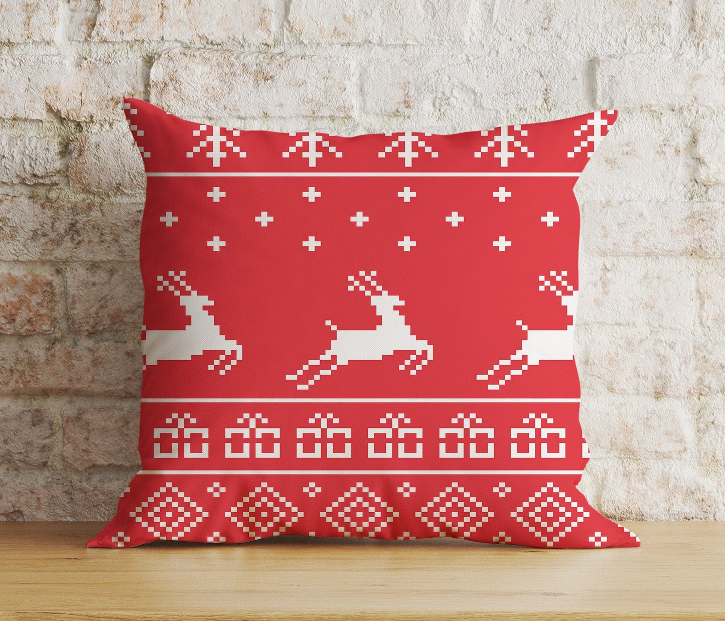 Onay 3 / 12 x 12 inch (30 x 30 cm) Double Side Christmas Blue Red Mustard Yellow Reindeer Print Cushion Cover