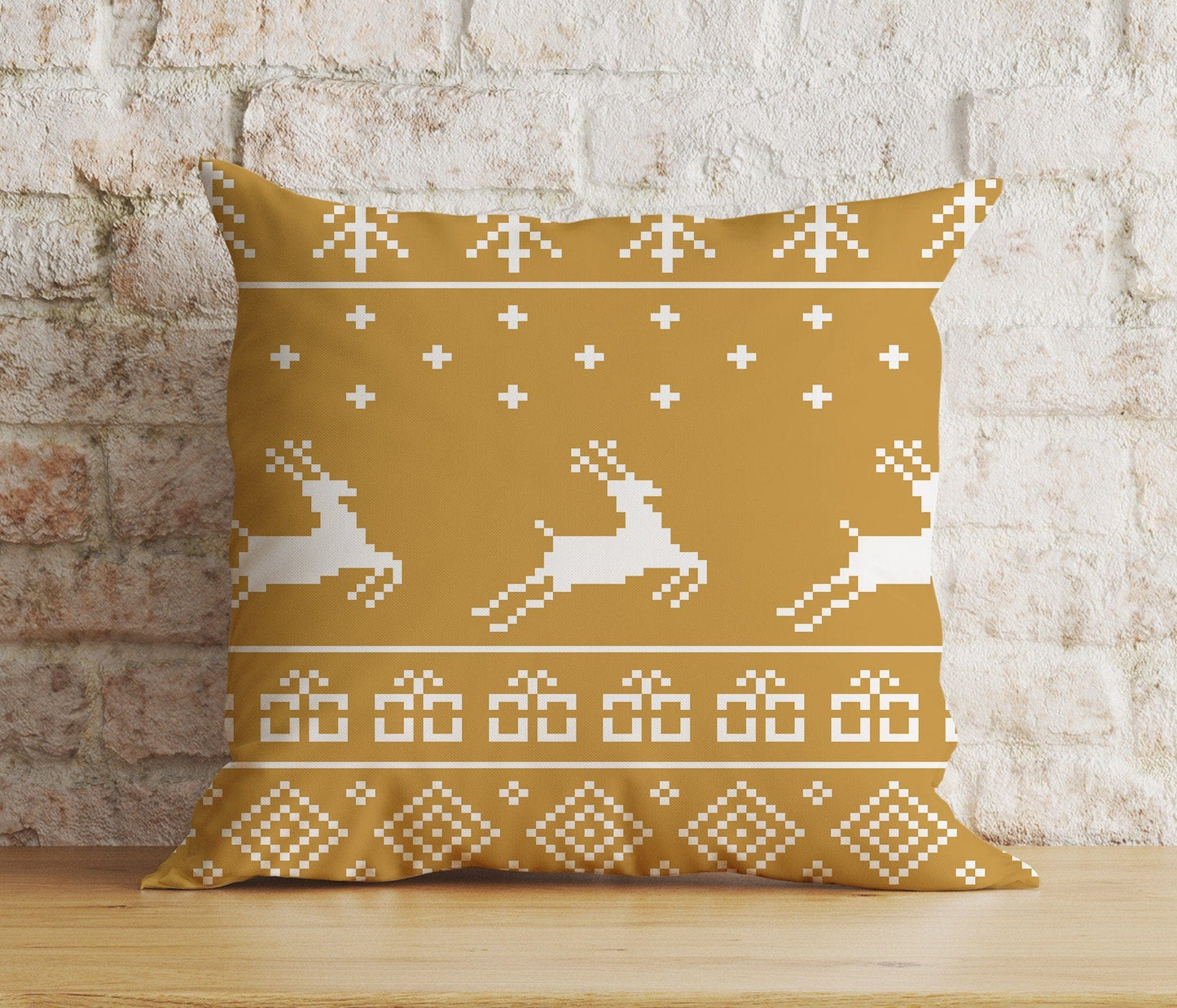 Onay 2 / 12 x 12 inch (30 x 30 cm) Double Side Christmas Blue Red Mustard Yellow Reindeer Print Cushion Cover