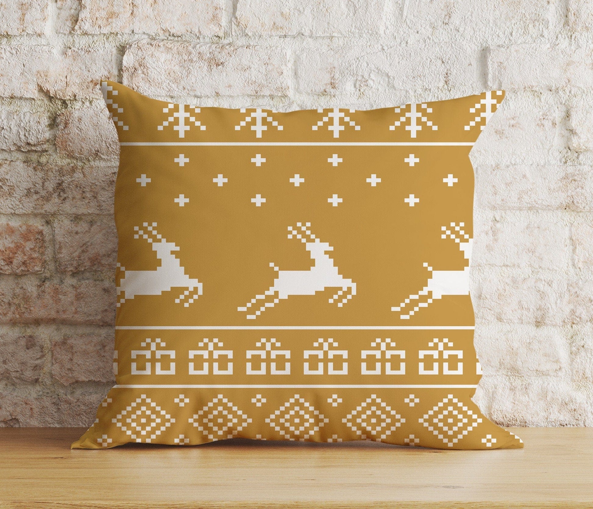 Onay 2 / 12 x 12 inch (30 x 30 cm) Double Side Christmas Blue Red Mustard Yellow Reindeer Print Cushion Cover
