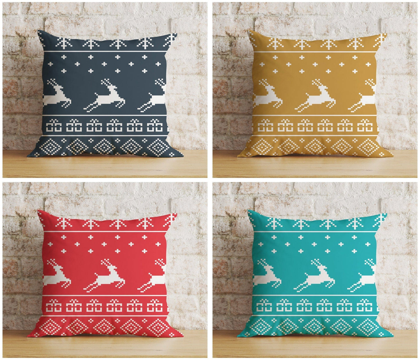 Onay Christmas Blue Red Mustard Yellow Reindeer Print Cushion Cover