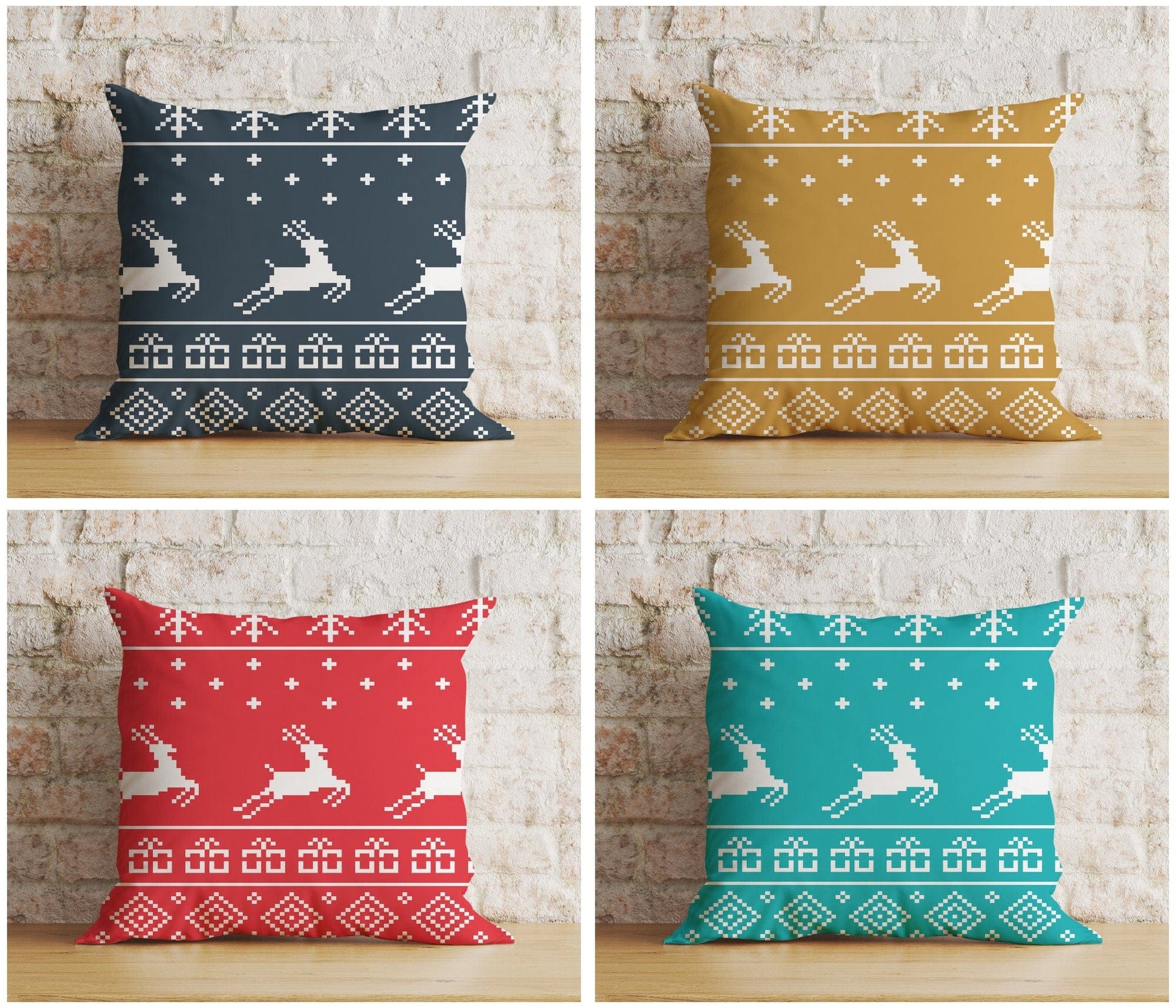 Onay Christmas Blue Red Mustard Yellow Reindeer Print Cushion Cover