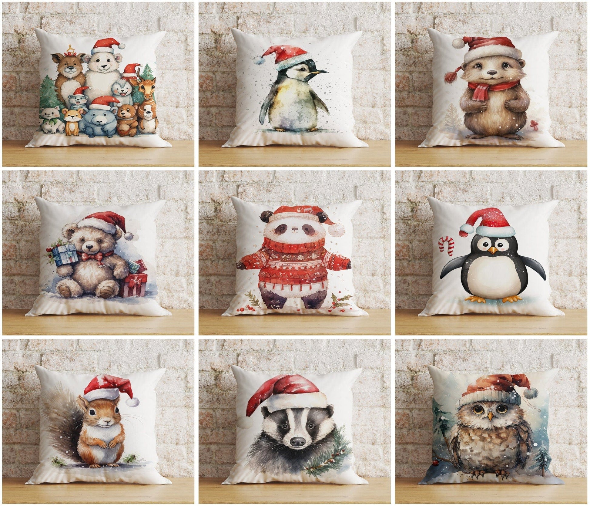 Onay Christmas Cute Animals Santa Hats Festive Cushion Covers
