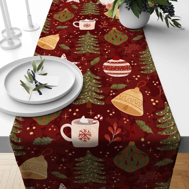 Onay 4 / 12 x 46 inch (30 x 120 cm) Christmas Drink Gingerbread Cookie Pattern Red Table Runner