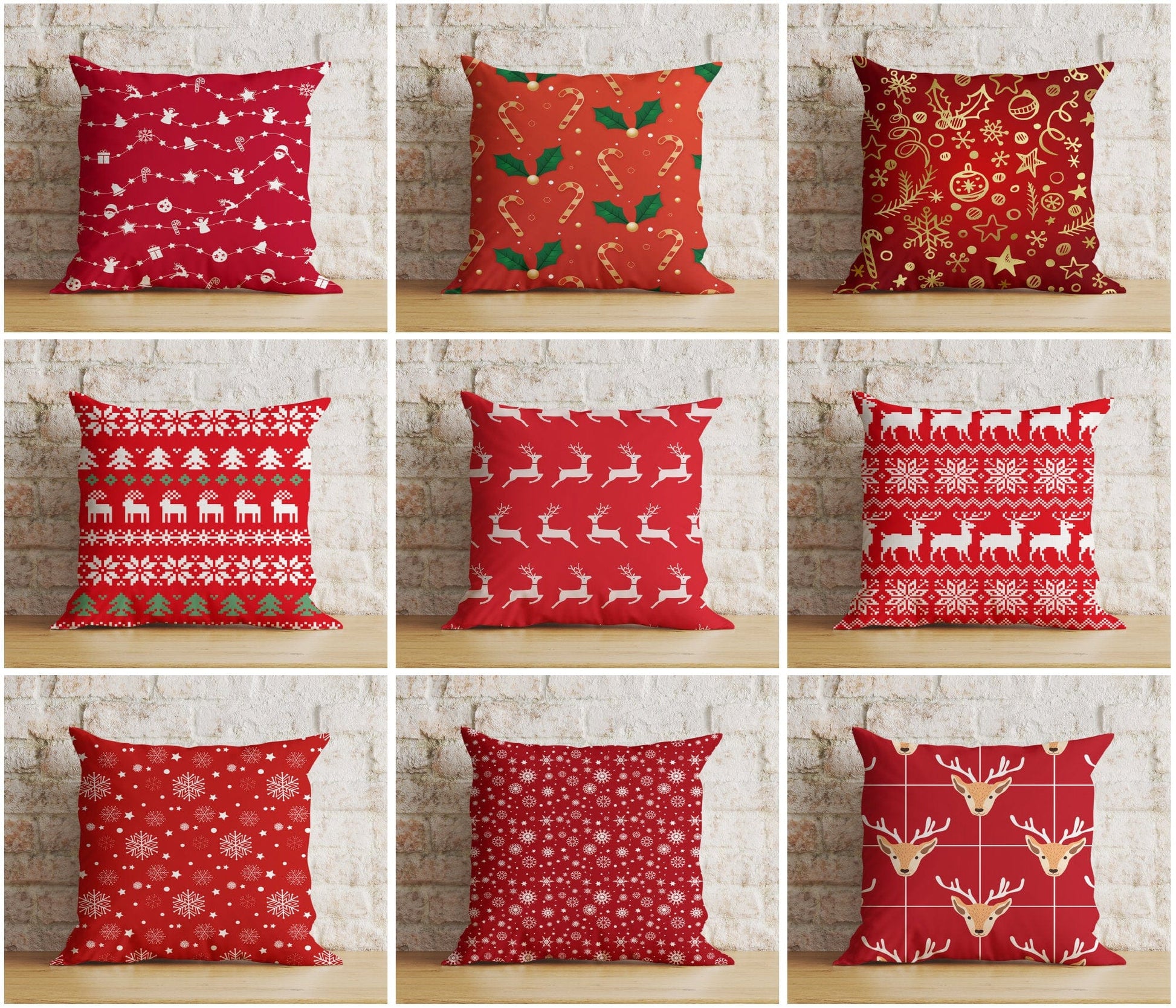 Onay Christmas Holly and Candy Cane Reindeer Red Cushion Cover
