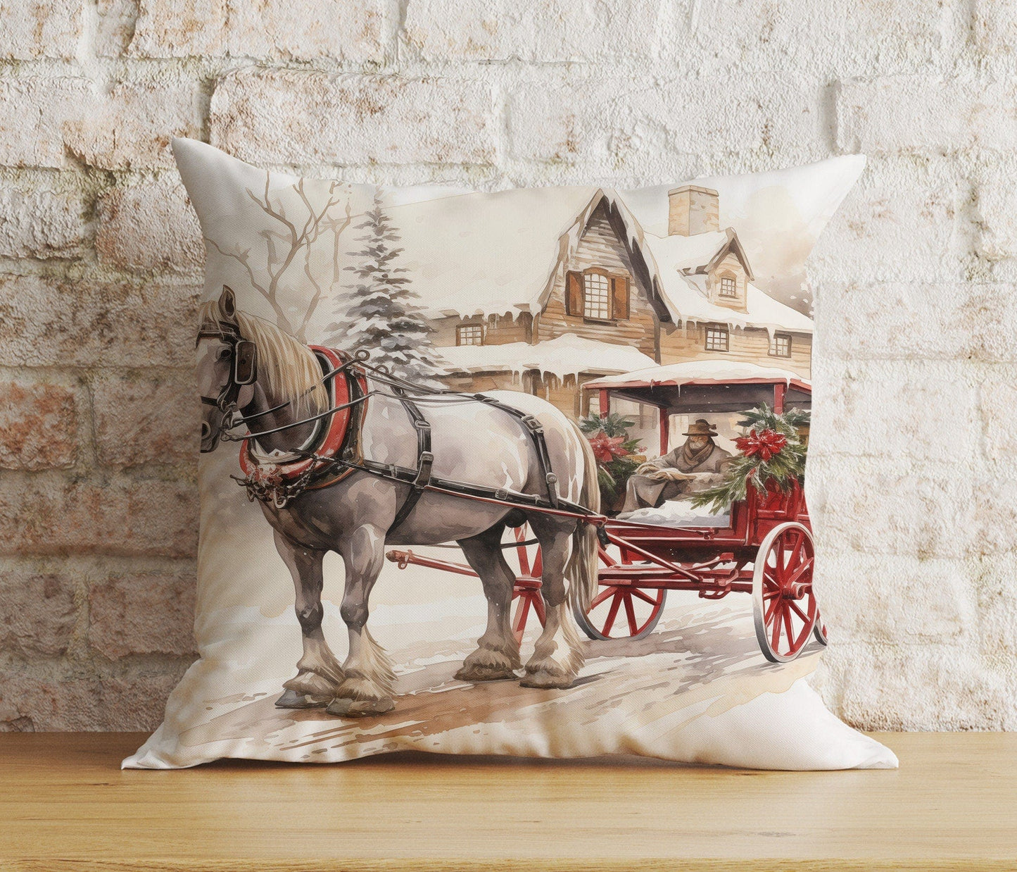 Onay 5 / 12 x 12 inch (30 x 30 cm) Double Side Christmas Horse Gift Box and Santa's Sleigh Cushion Cover