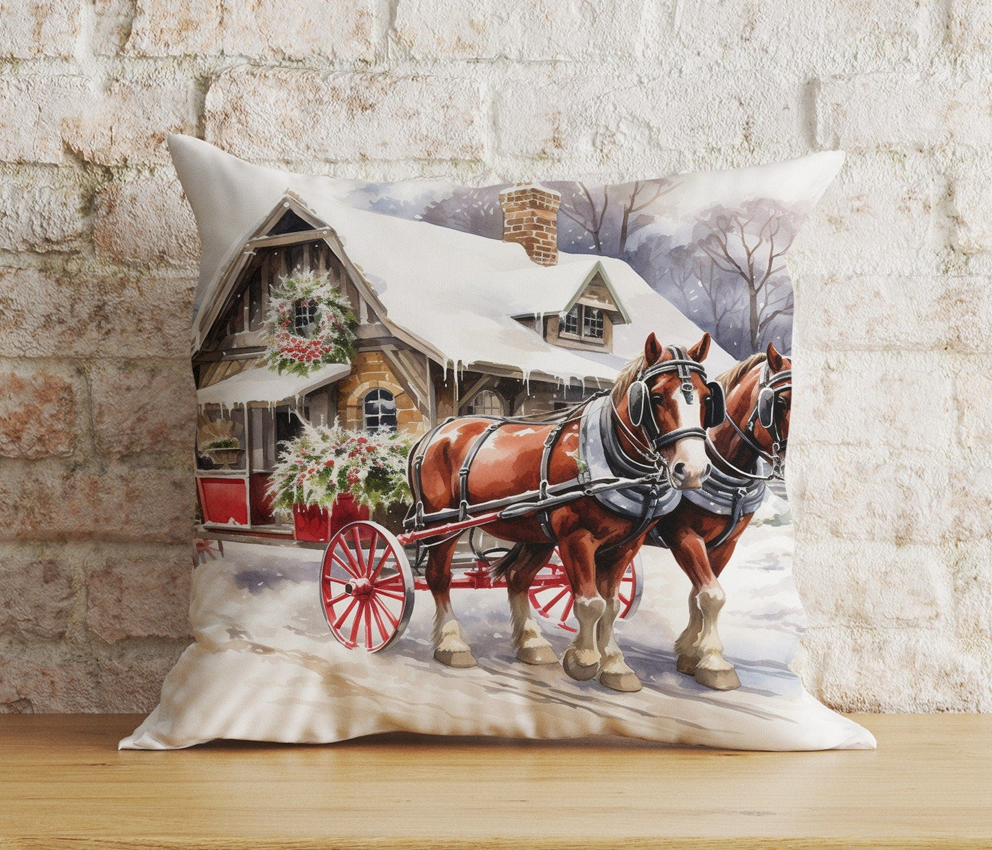 Onay 4 / 12 x 12 inch (30 x 30 cm) Double Side Christmas Horse Gift Box and Santa's Sleigh Cushion Cover