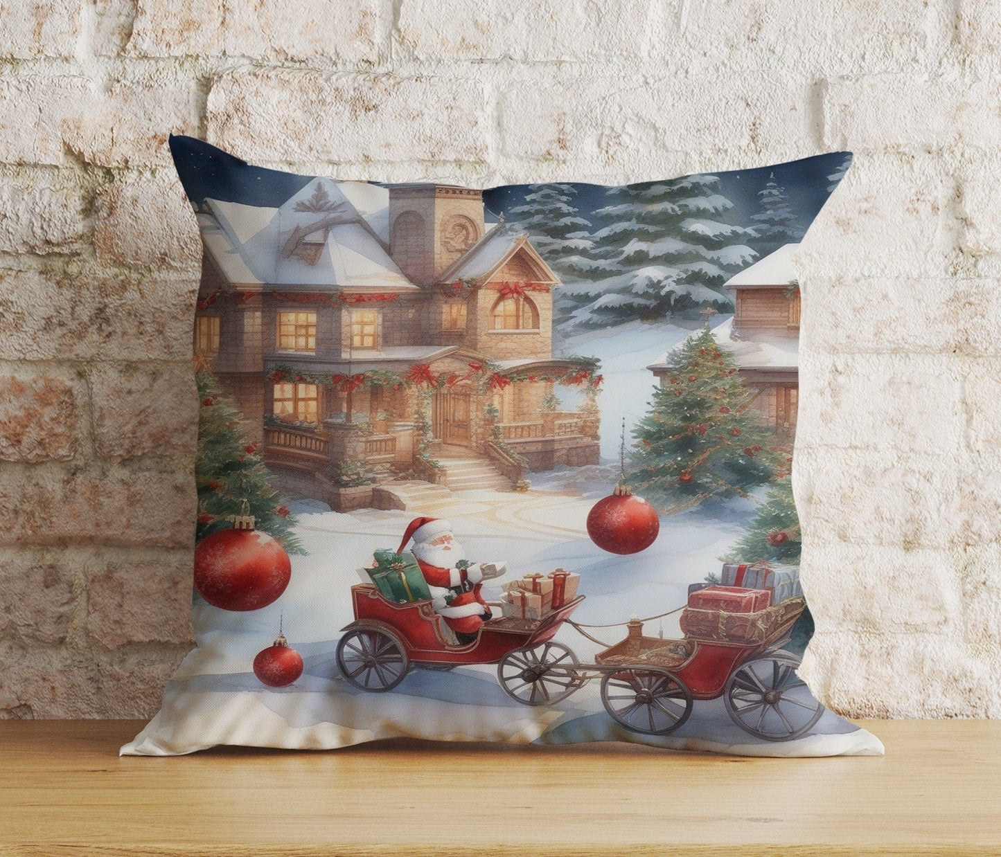 Onay 2 / 12 x 12 inch (30 x 30 cm) Double Side Christmas Horse Gift Box and Santa's Sleigh Cushion Cover