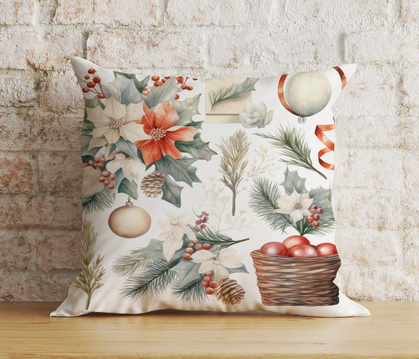 Onay 7 / 12 x 12 inch (30 x 30 cm) Double Side Christmas Pinecones & Greenery and Ornament Cushion Cover