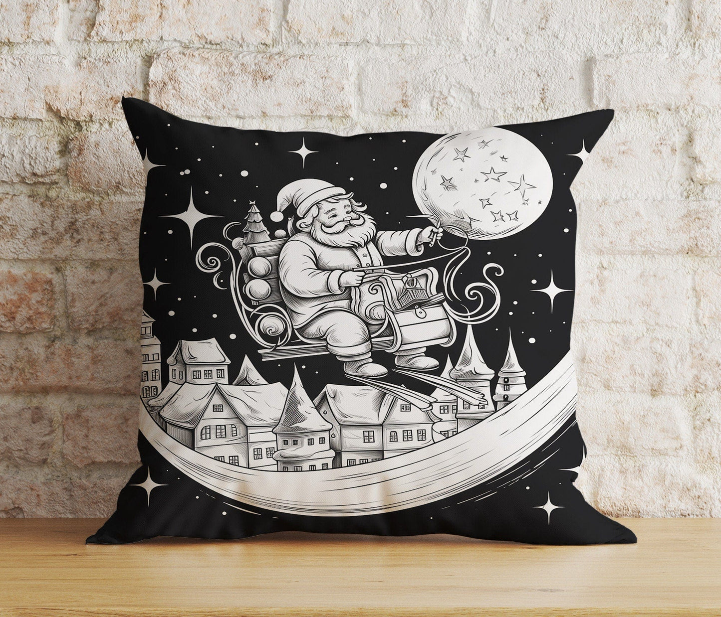 Onay 2 / 12 x 12 inch (30 x 30 cm) Double Side Christmas Santa Sleigh and Stockings Black& White Cushion Covers