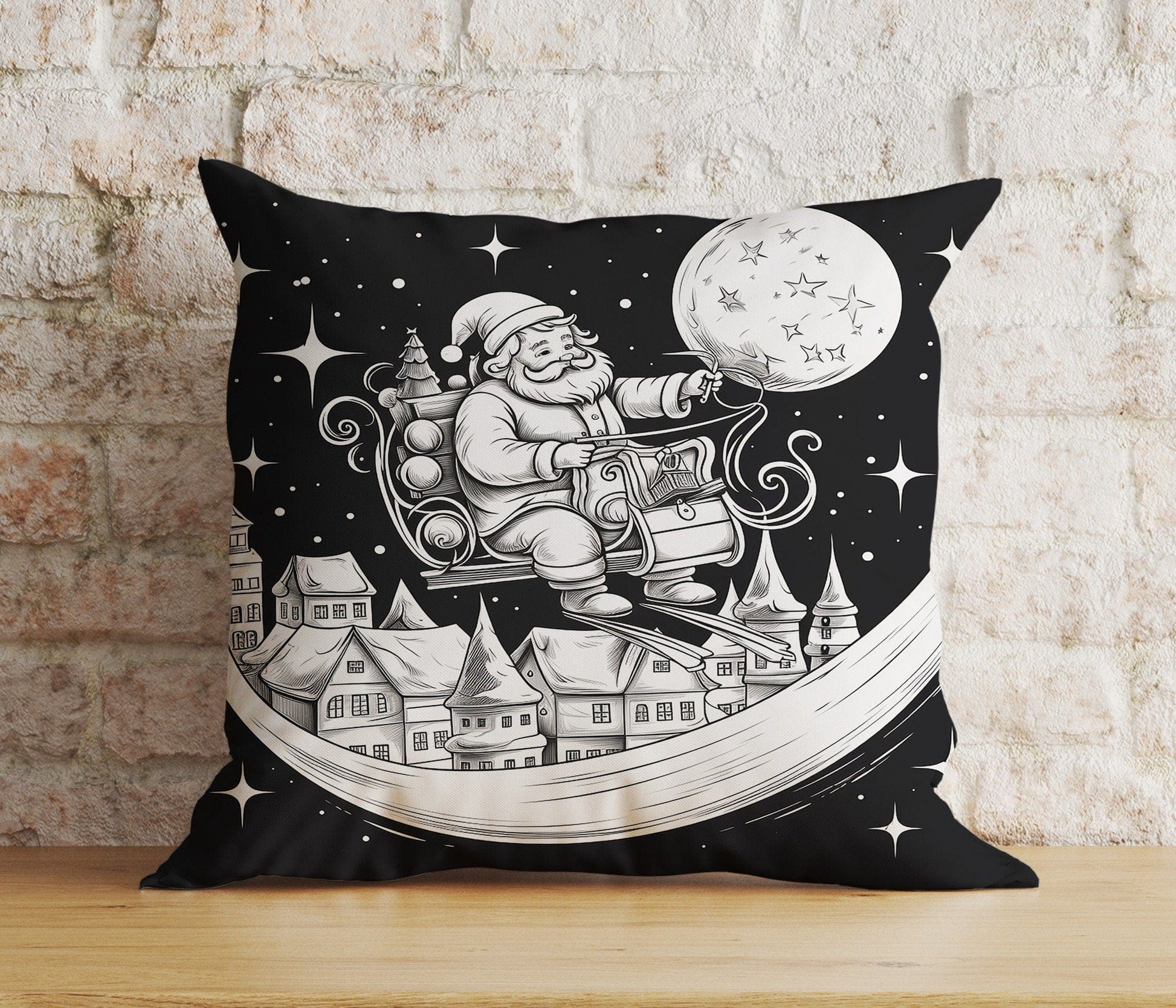 Onay 2 / 12 x 12 inch (30 x 30 cm) Double Side Christmas Santa Sleigh and Stockings Black& White Cushion Covers