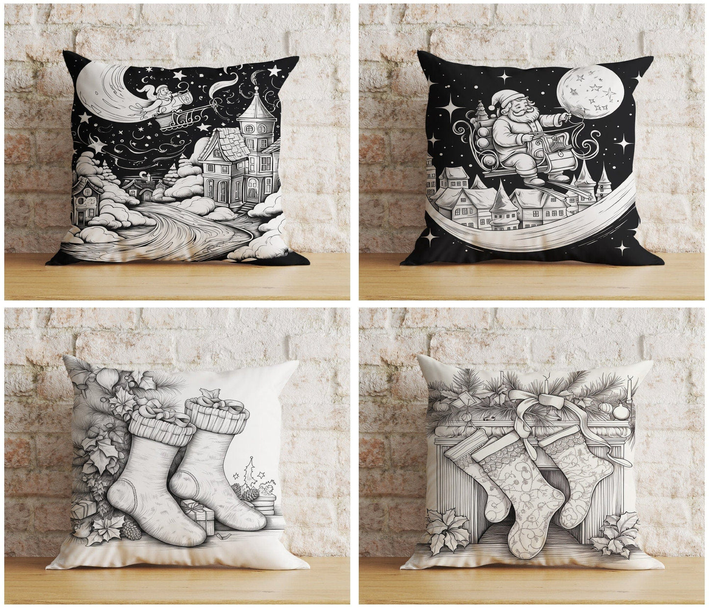 Onay Christmas Santa Sleigh and Stockings Black& White Cushion Covers
