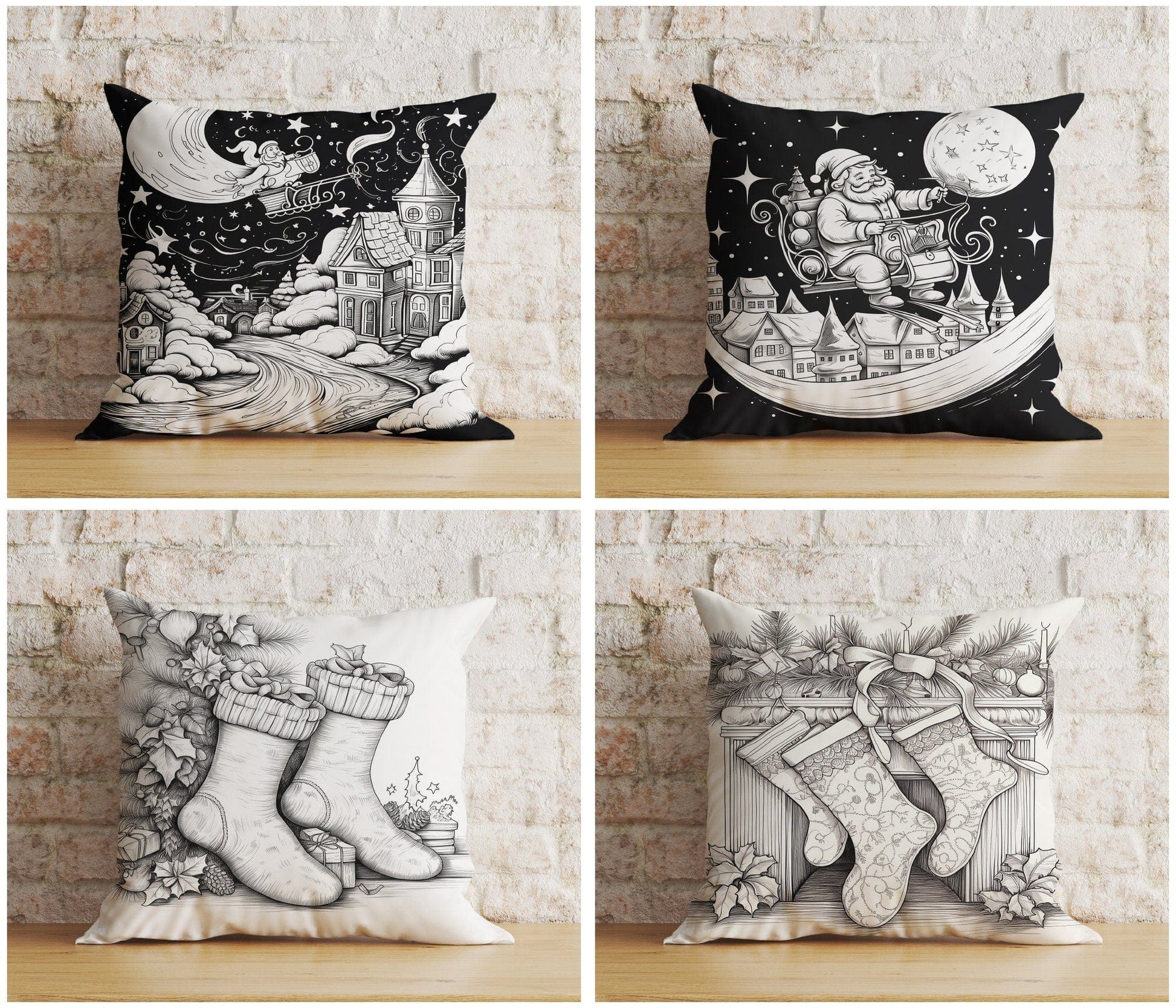 Onay Christmas Santa Sleigh and Stockings Black& White Cushion Covers
