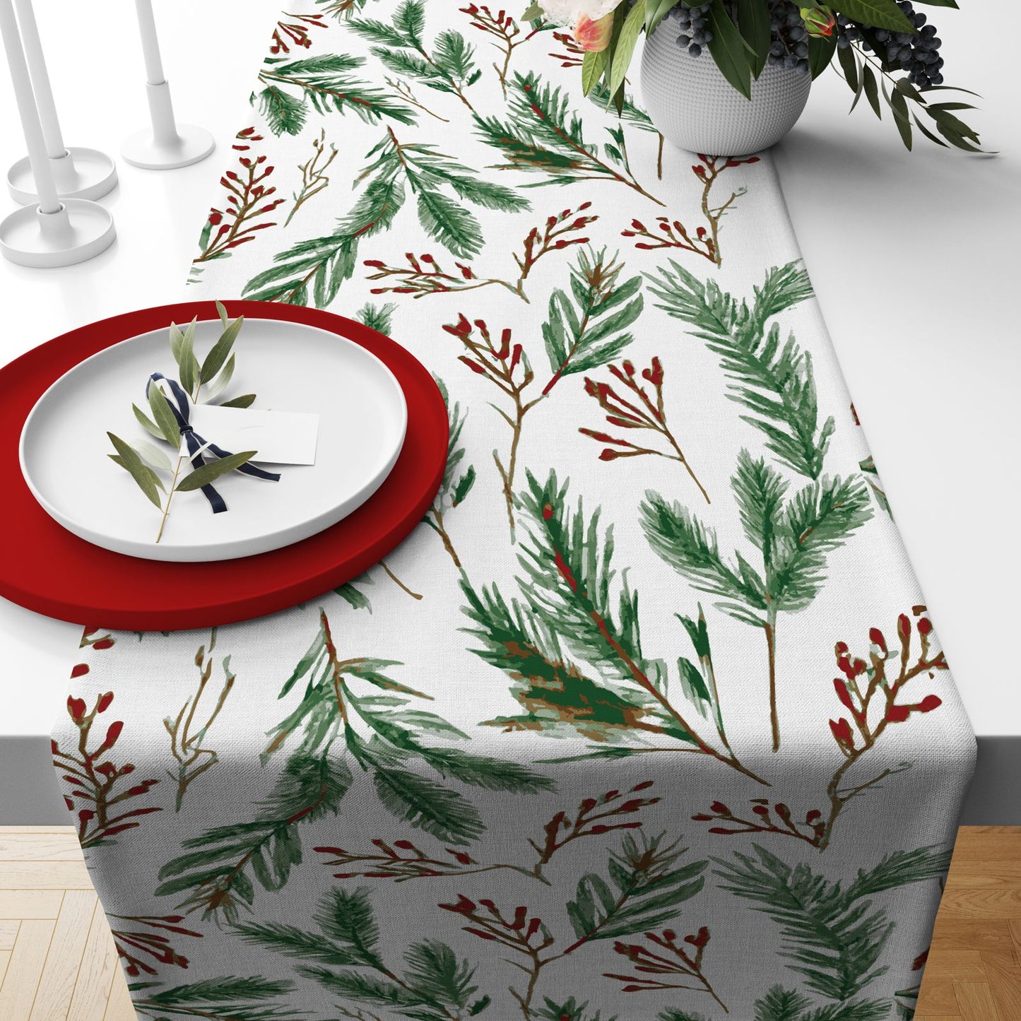 Designer Christmas Table Runner with Deer, Trees & Rustic Lodge Print