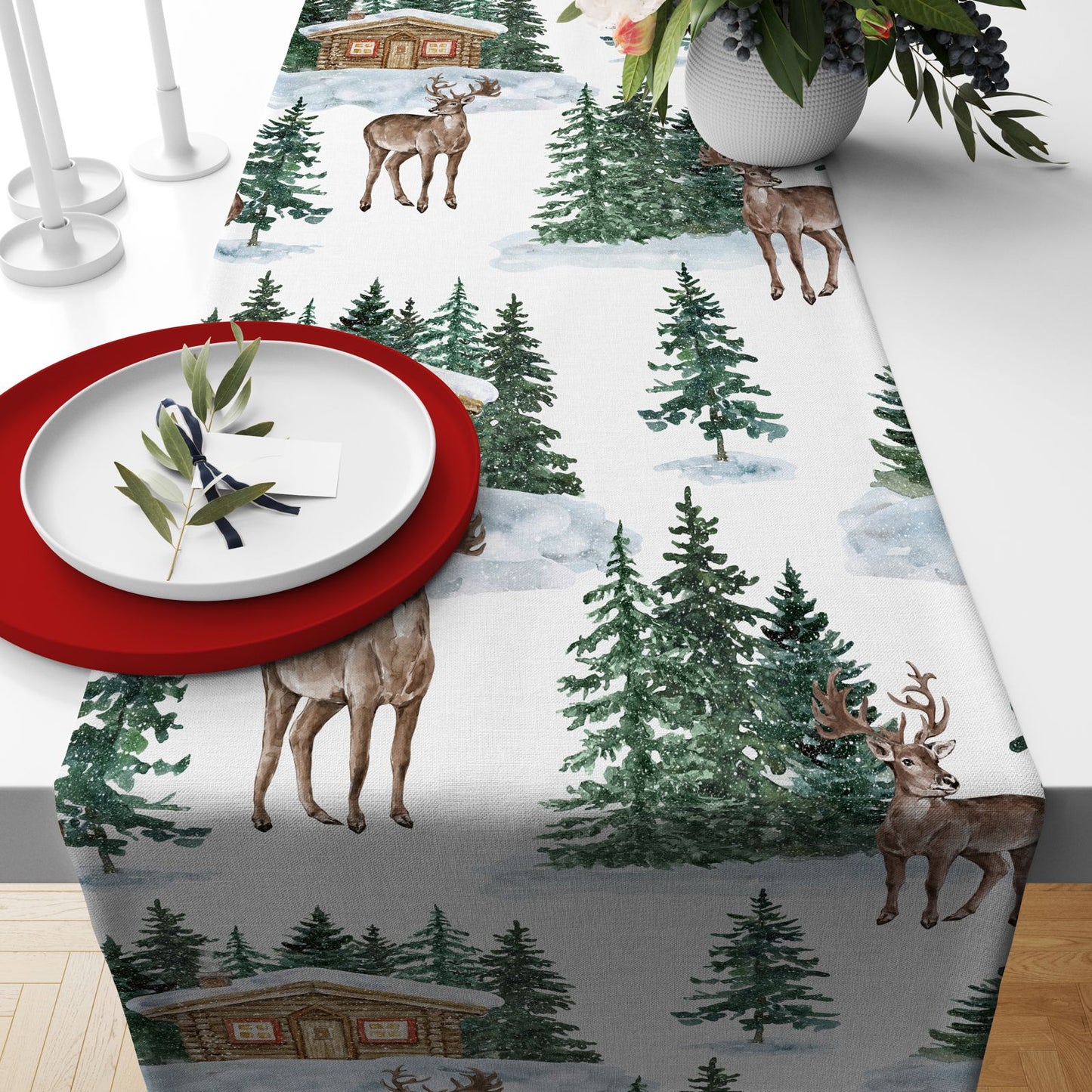 Designer Christmas Table Runner with Deer, Trees & Rustic Lodge Print