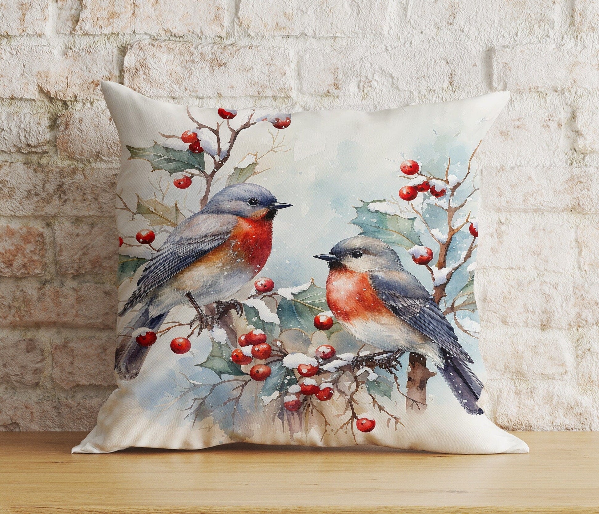 Onay 7 / 12 x 12 inch (30 x 30 cm) Double Side Christmas Winter Chickadee and Robin in Winter Cushion Cover