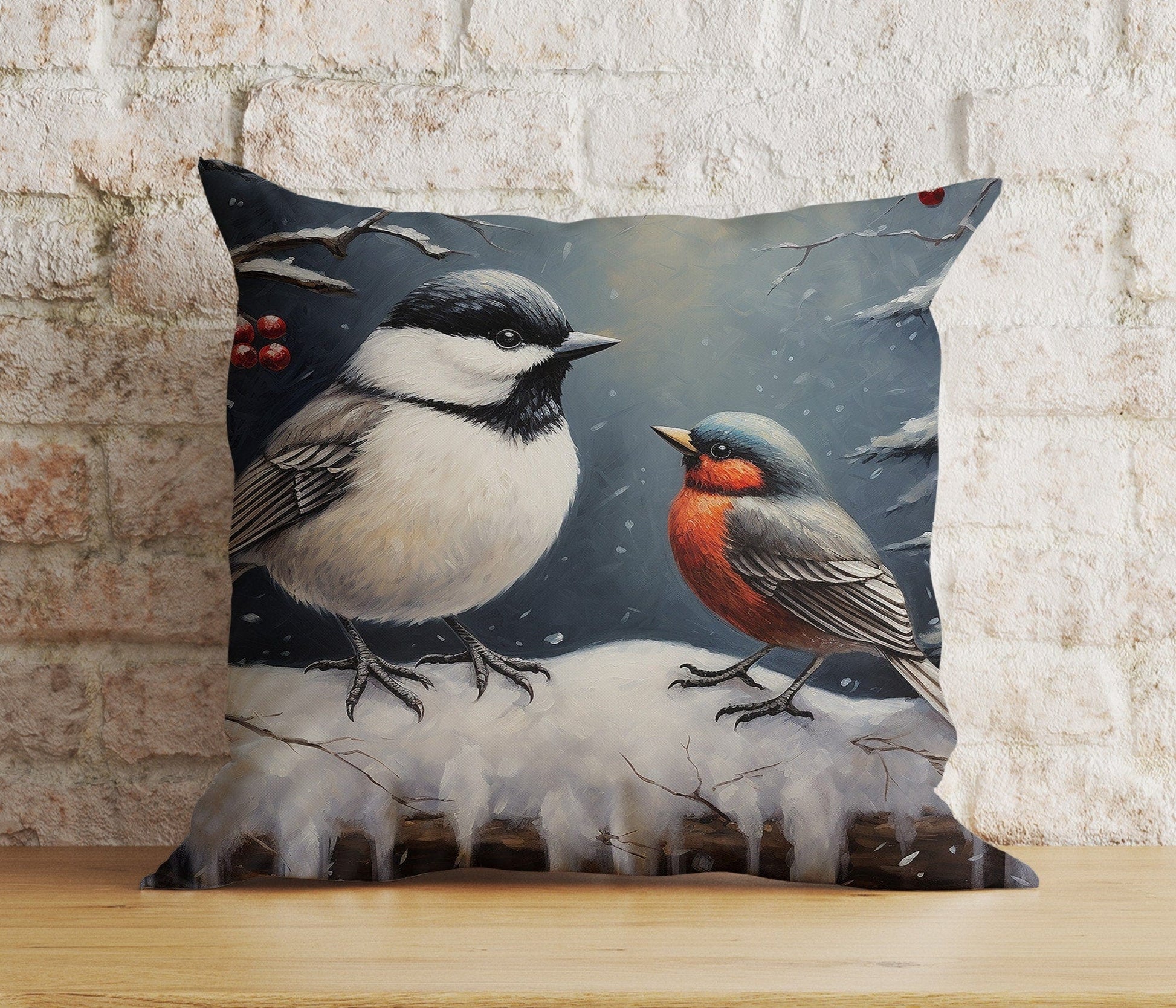 Onay 6 / 12 x 12 inch (30 x 30 cm) Double Side Christmas Winter Chickadee and Robin in Winter Cushion Cover