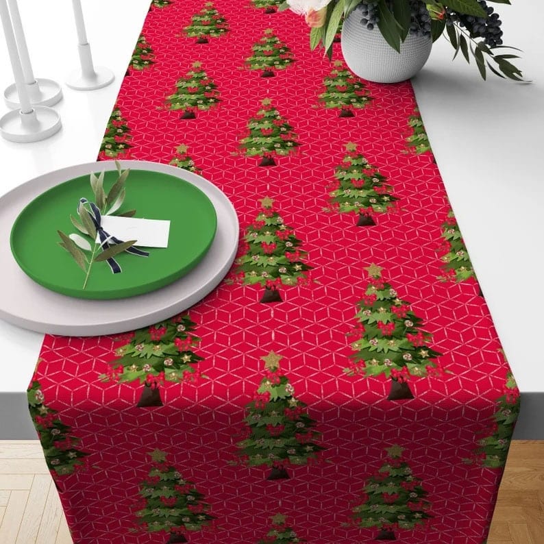Onay 4 / 12 x 46 inch (30 x 120 cm) Christmas Winter Noel Pine Tree Pink & Red Table Runner