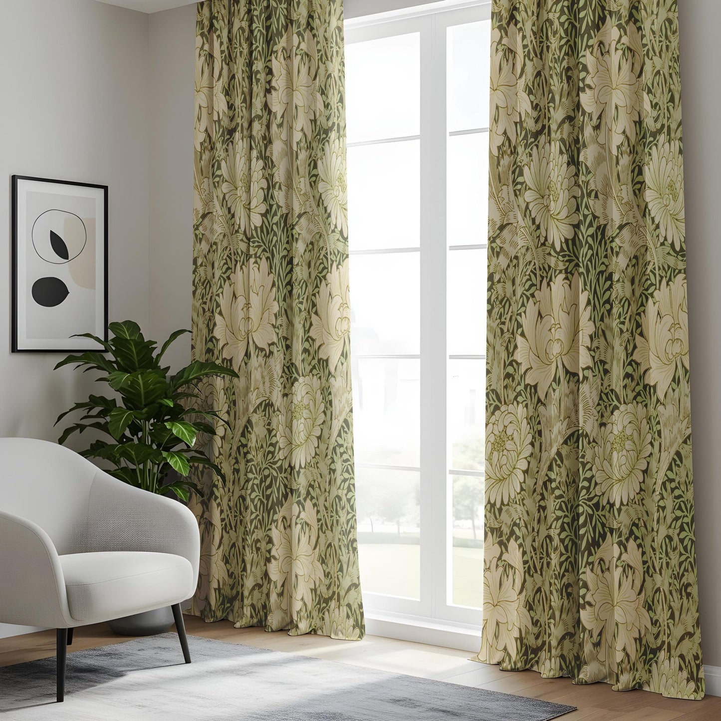 Onay Classic Botanical Living Room Curtains, Olive Green & Beige Floral Pattern
