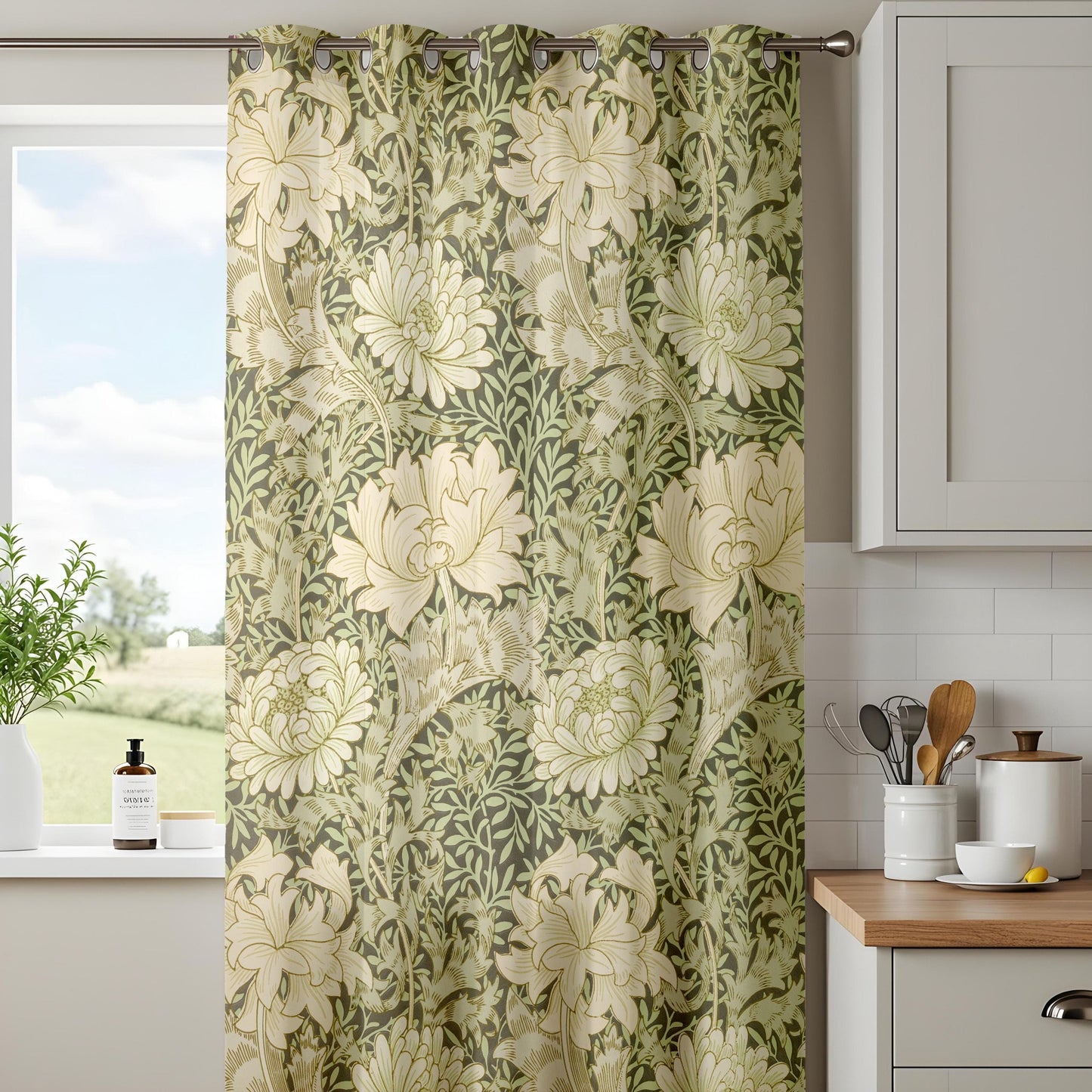Onay Classic Botanical Living Room Curtains, Olive Green & Beige Floral Pattern