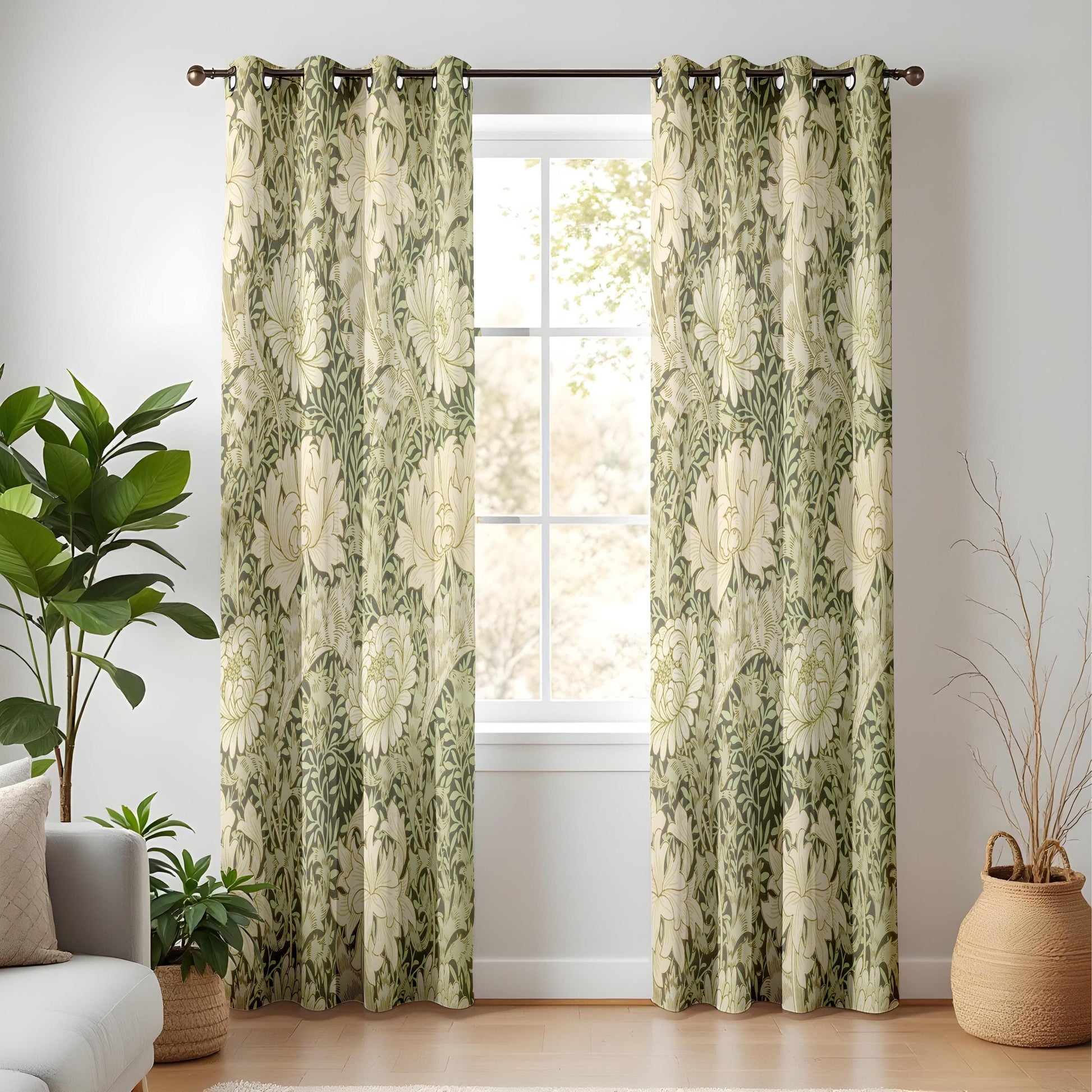 Onay Classic Botanical Living Room Curtains, Olive Green & Beige Floral Pattern