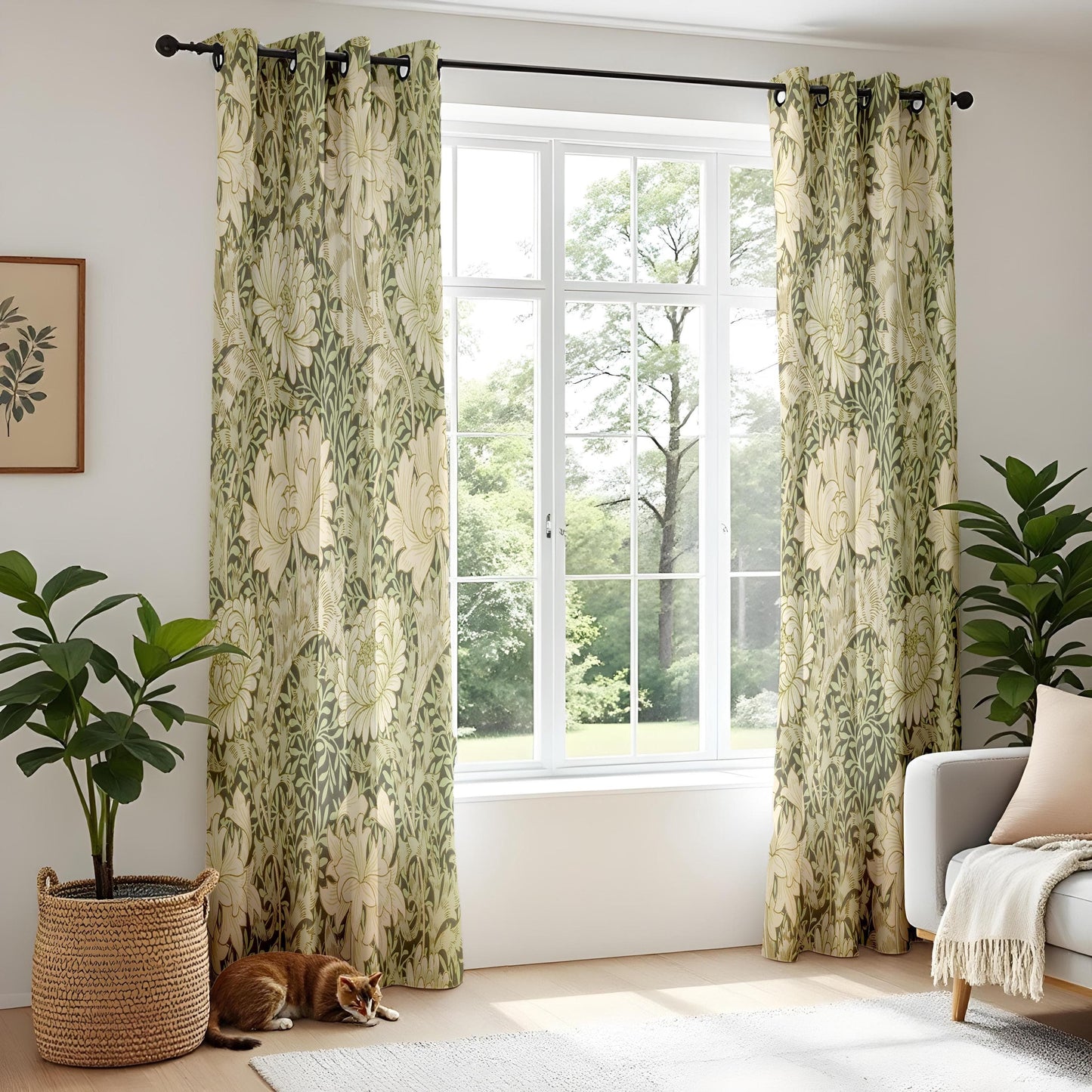 Onay Classic Botanical Living Room Curtains, Olive Green & Beige Floral Pattern
