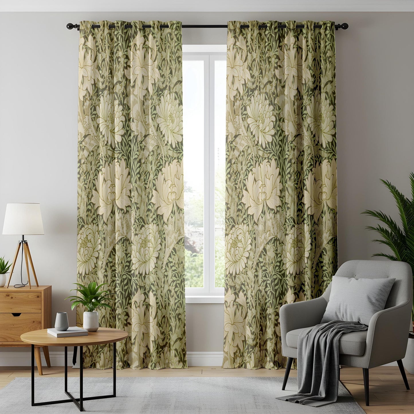 Onay Classic Botanical Living Room Curtains, Olive Green & Beige Floral Pattern