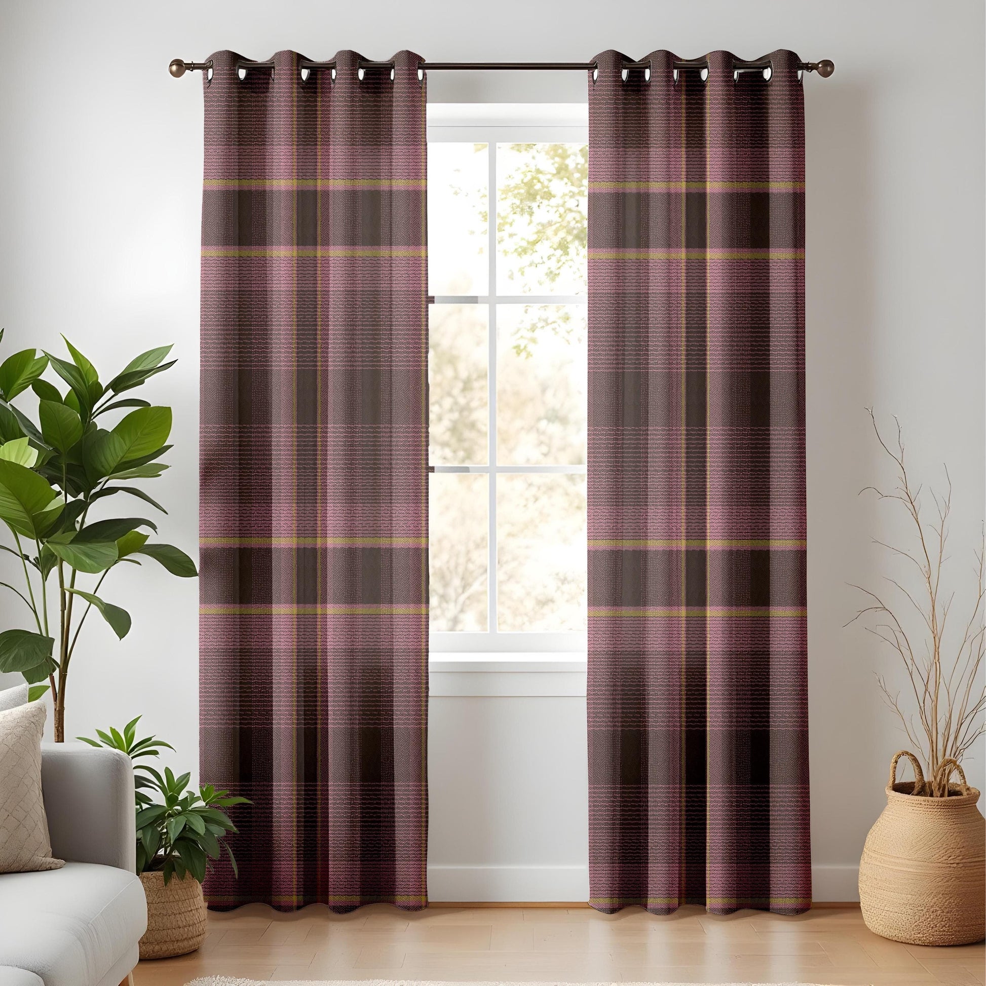 Onay Classic Rustic Plaid Curtains in Brown and Pink – Traditional Check Design