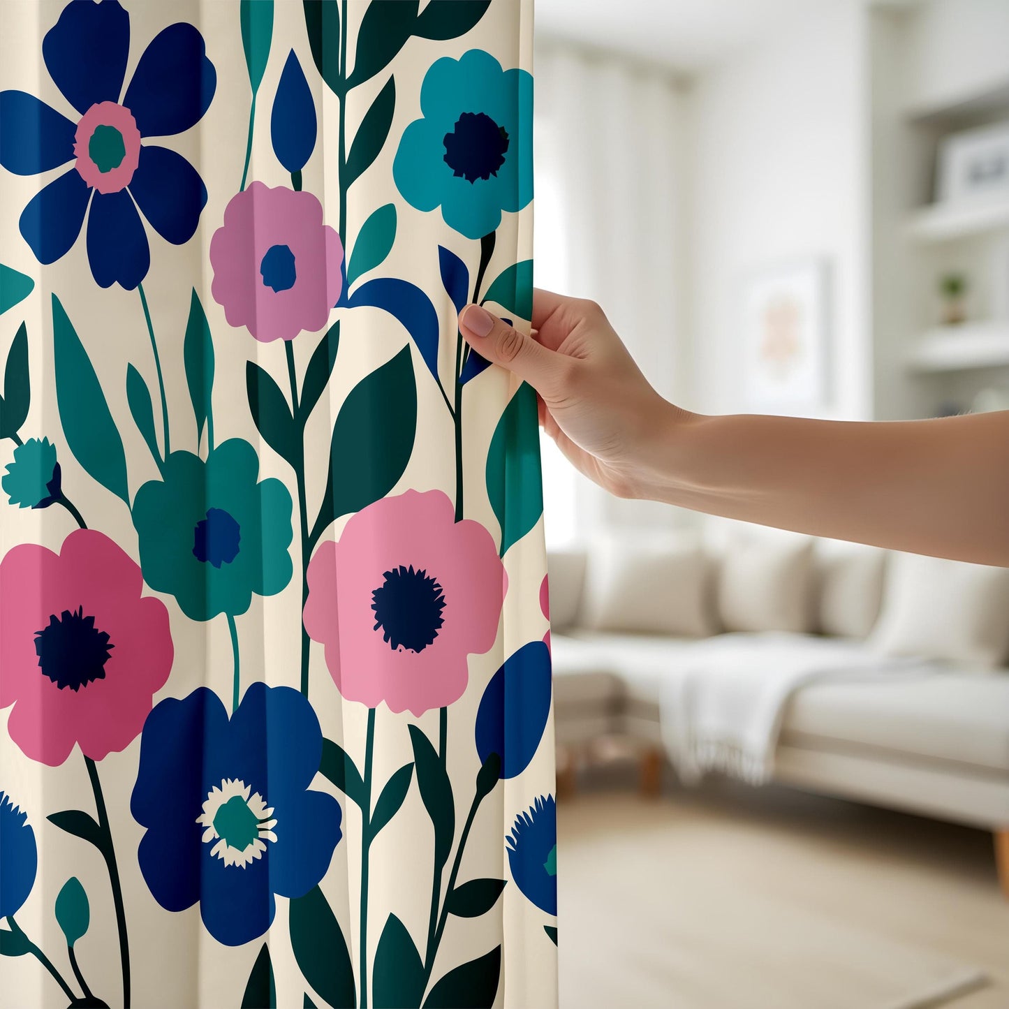Onay Colorful Floral Drapes, Pink and Blue Flowers on Neutral Curtain