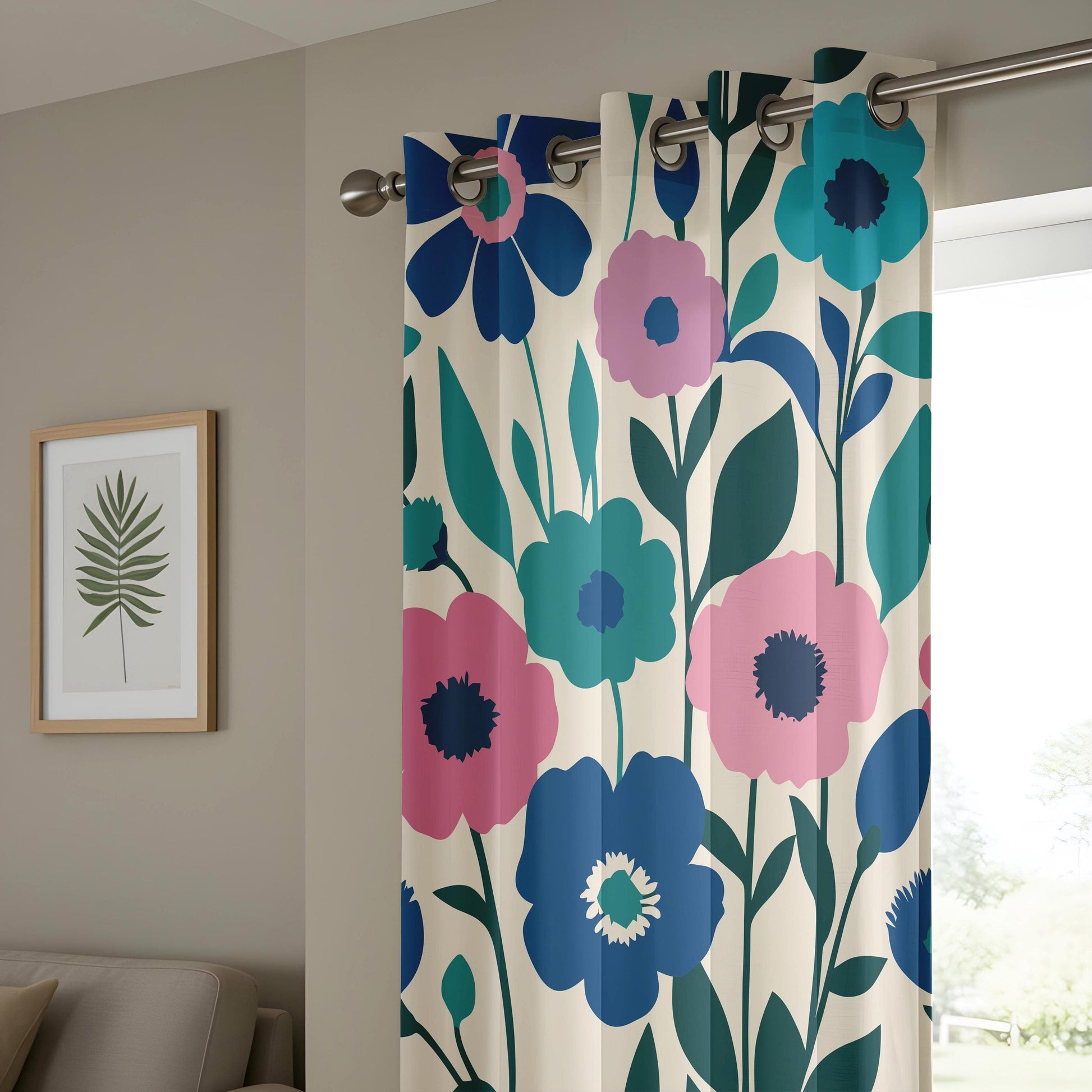 Onay Colorful Floral Drapes, Pink and Blue Flowers on Neutral Curtain