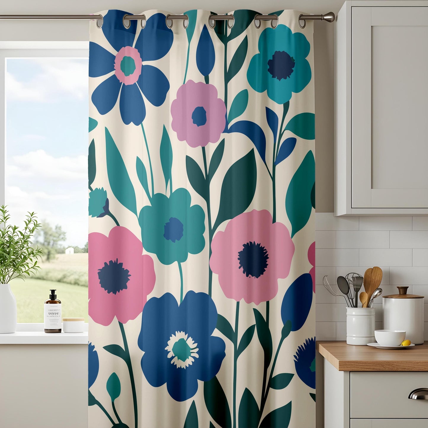 Onay Colorful Floral Drapes, Pink and Blue Flowers on Neutral Curtain